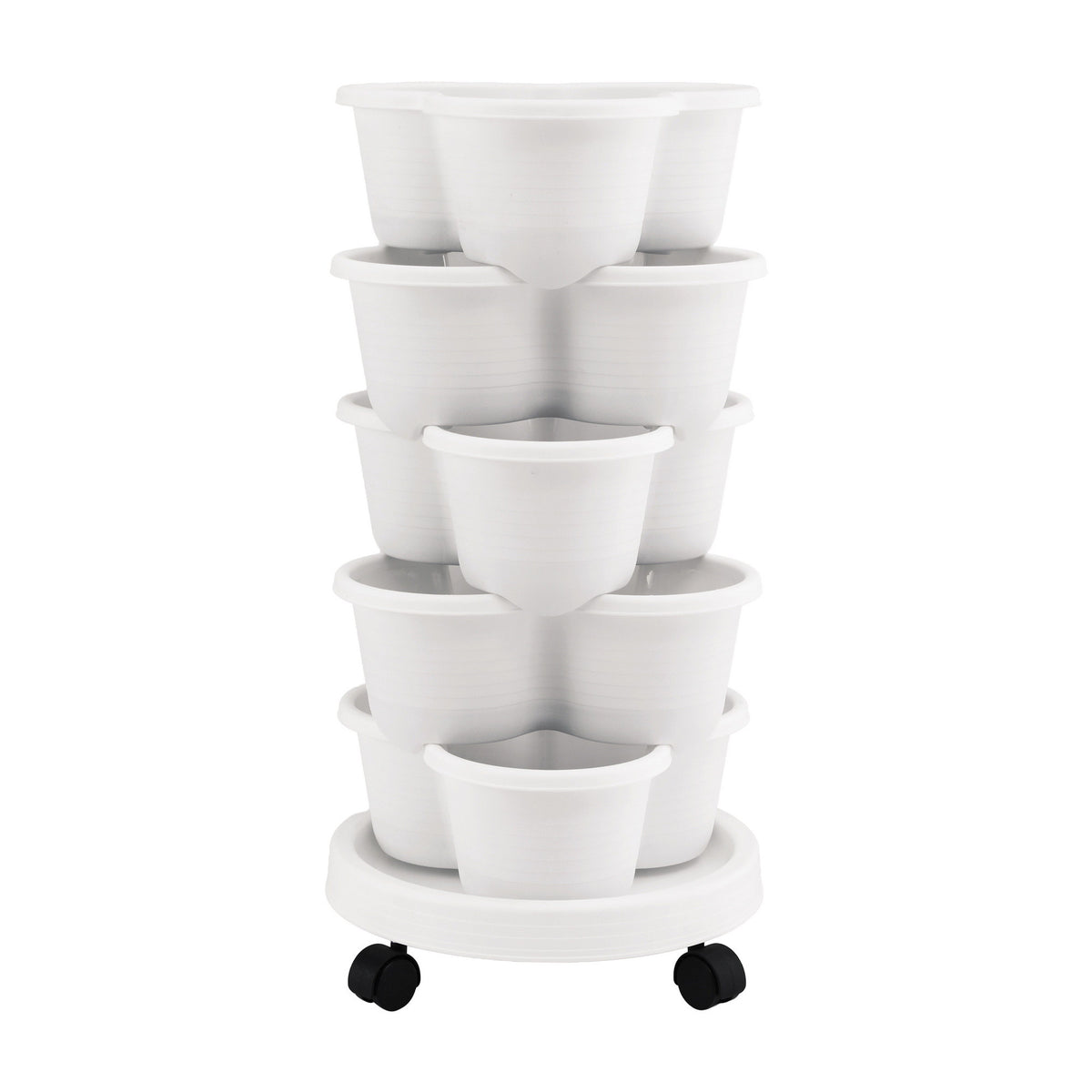 Green Fingers 5 Tier Vertical Garden Planter, Stackable Planters with Wheels, White, Garden Bed, Garden Tower Indoor Outdoor, Auto Drainage System, for Strawberries, Herbs, Flowers, Vegetables