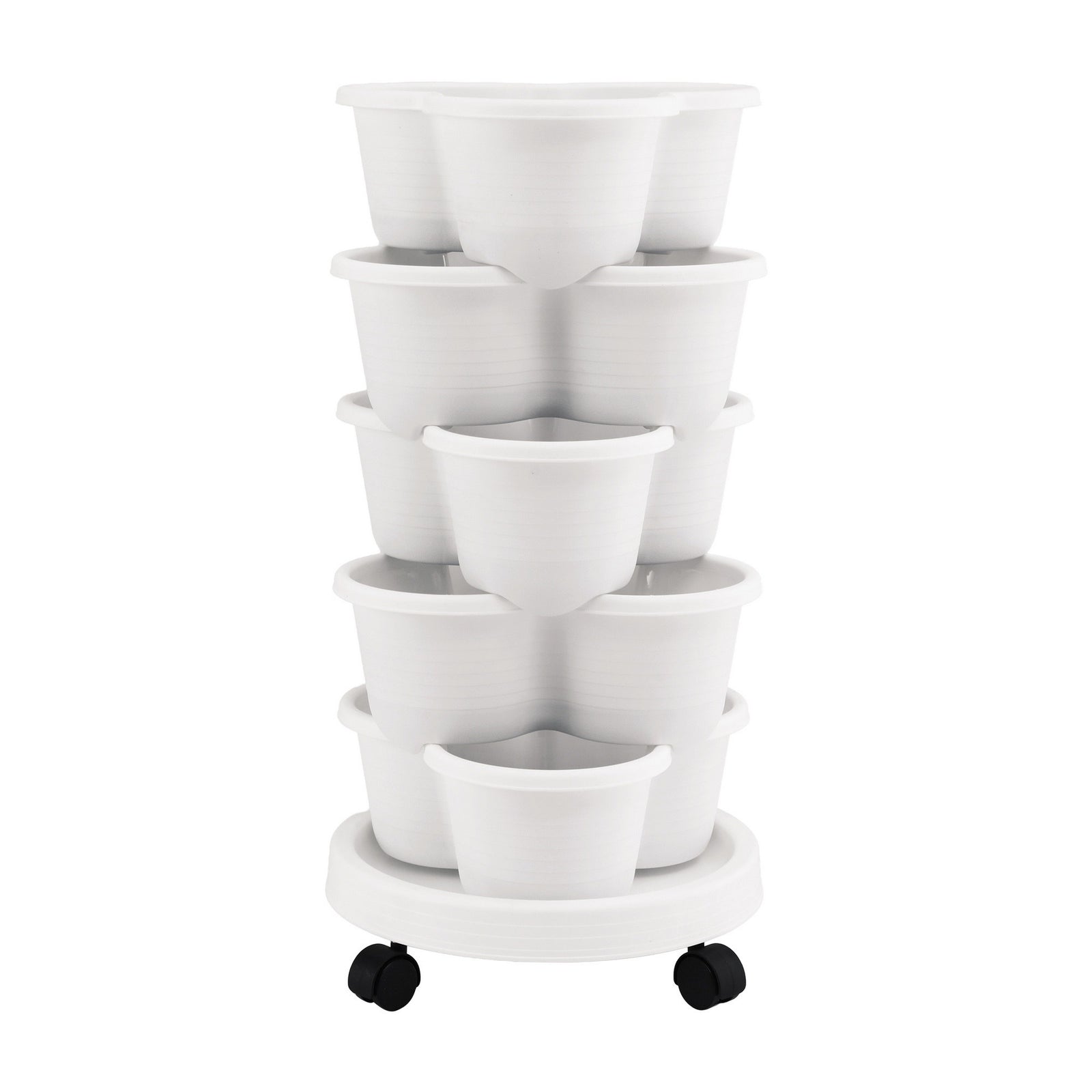 Green Fingers 5 Tier Vertical Garden Planter, Stackable Planters with Wheels, White, Garden Bed, Garden Tower Indoor Outdoor, Auto Drainage System, for Strawberries, Herbs, Flowers, Vegetables