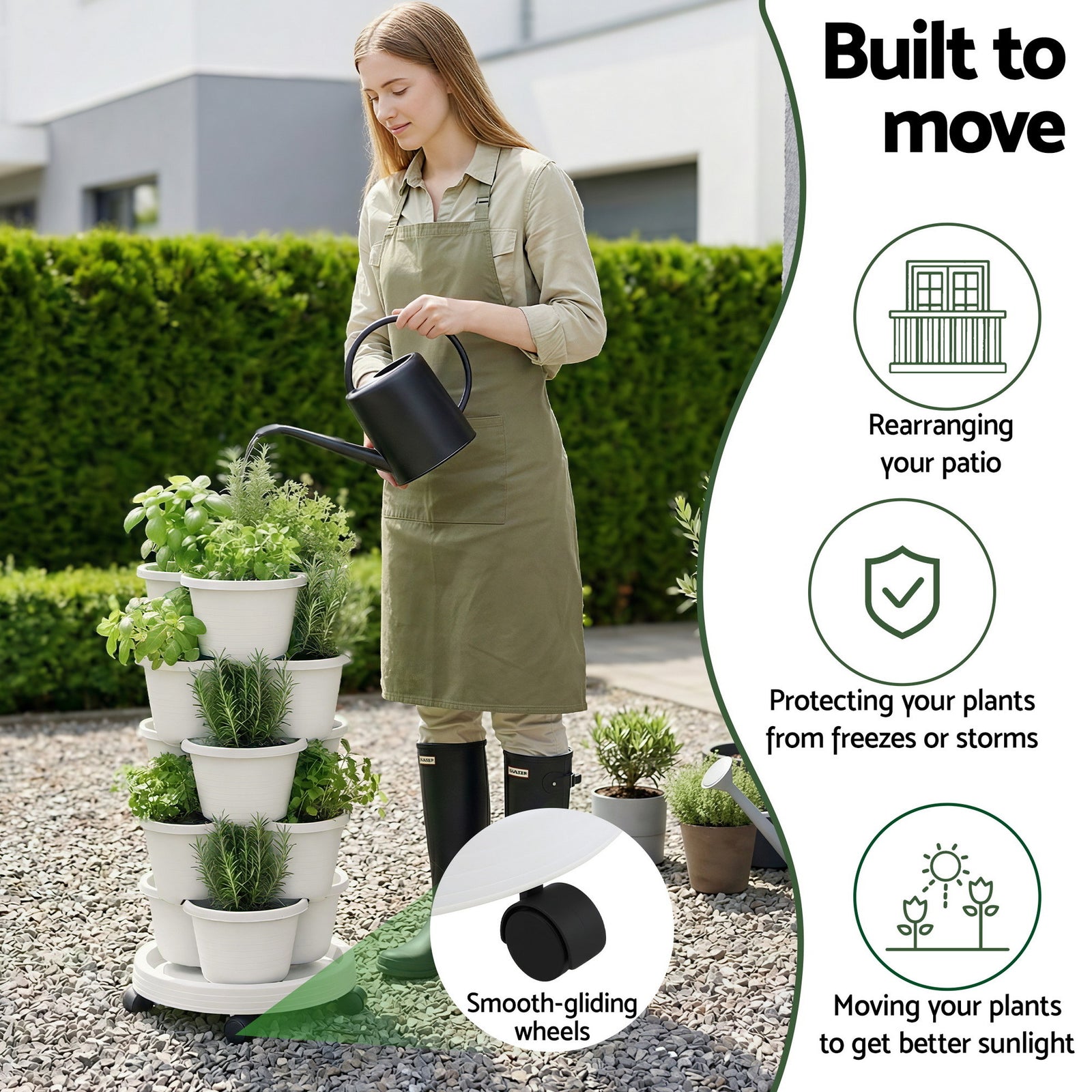 Green Fingers 5 Tier Vertical Garden Planter, Stackable Planters with Wheels, White, Garden Bed, Garden Tower Indoor Outdoor, Auto Drainage System, for Strawberries, Herbs, Flowers, Vegetables