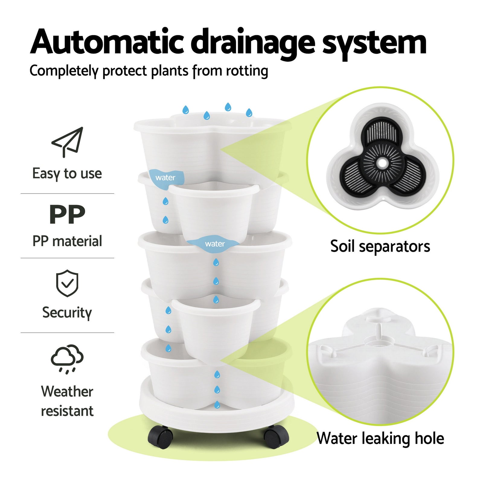 Green Fingers 5 Tier Vertical Garden Planter, Stackable Planters with Wheels, White, Garden Bed, Garden Tower Indoor Outdoor, Auto Drainage System, for Strawberries, Herbs, Flowers, Vegetables