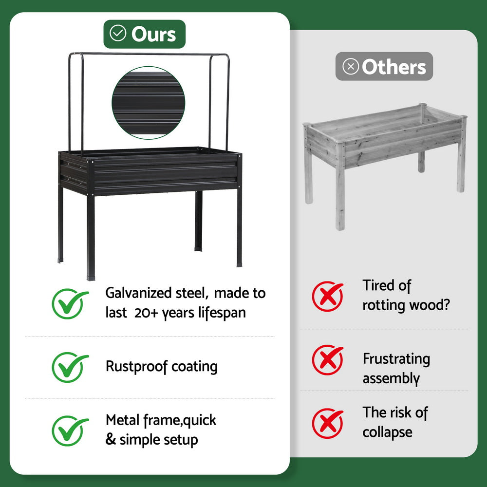 Green Fingers Elevated Metal Garden Bed Kit w Mini Greenhouse Cover 116x60cm Stand-Up Height Trellis