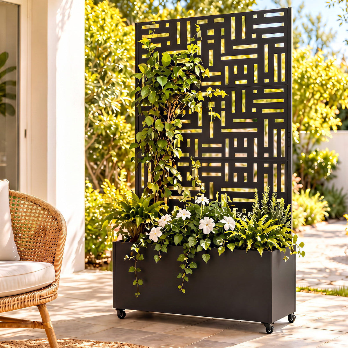 Green Fingers Mobile Planter Box Garden Bed with Trellis Privacy Screen &amp; Lockable Wheels for Climbing Plants