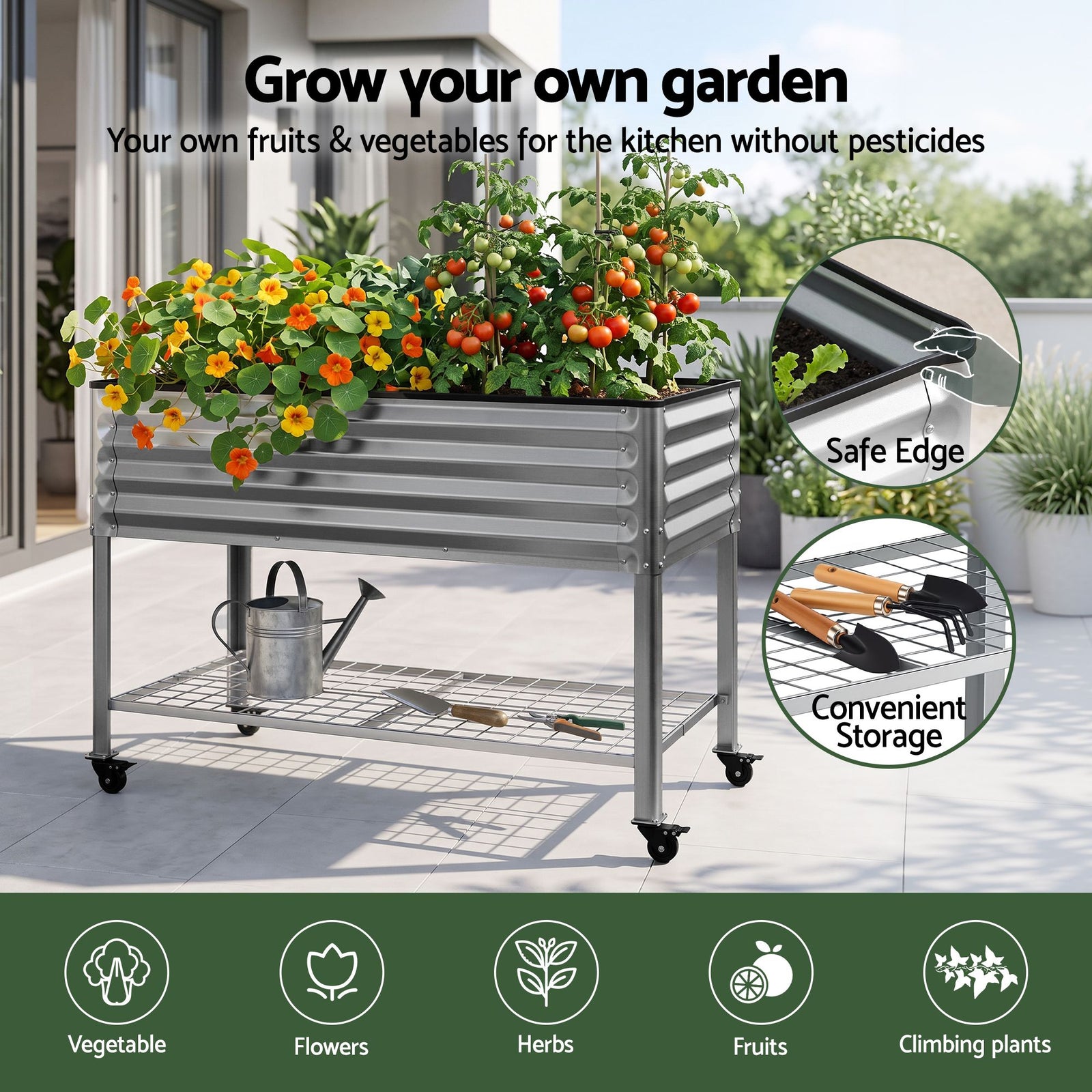 Green Fingers Mobile Raised Garden Bed with Wheels Storage Shelf 81cm Height for Vegetables Herb Silver