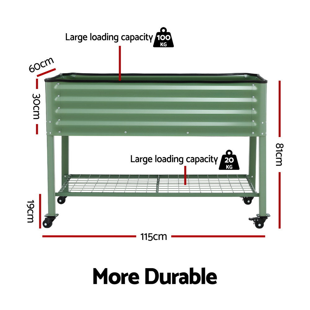 Green Fingers Elevated Raised Garden Bed Kit Mobile w/ Locking Wheels & Storage Shelf 100KG Max Load 115x60x81cm | Galvanized Steel, Portable Green Organizer for Seniors, Patio, Balcony, Vegetables