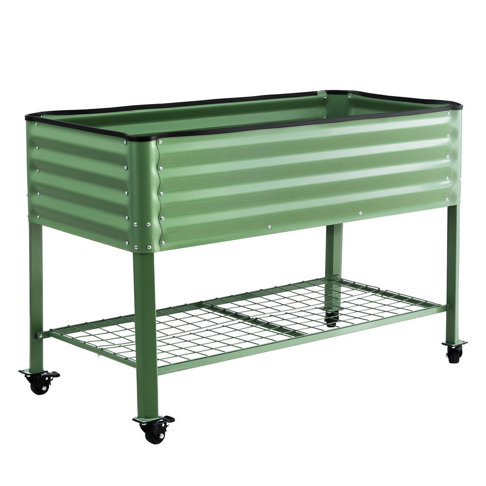 Green Fingers Elevated Raised Garden Bed Kit Mobile w/ Locking Wheels & Storage Shelf 100KG Max Load 115x60x81cm | Galvanized Steel, Portable Green Organizer for Seniors, Patio, Balcony, Vegetables