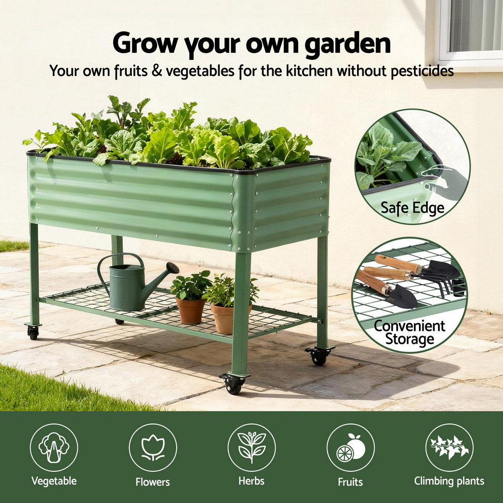 Green Fingers Elevated Raised Garden Bed Kit Mobile w/ Locking Wheels & Storage Shelf 100KG Max Load 115x60x81cm | Galvanized Steel, Portable Green Organizer for Seniors, Patio, Balcony, Vegetables