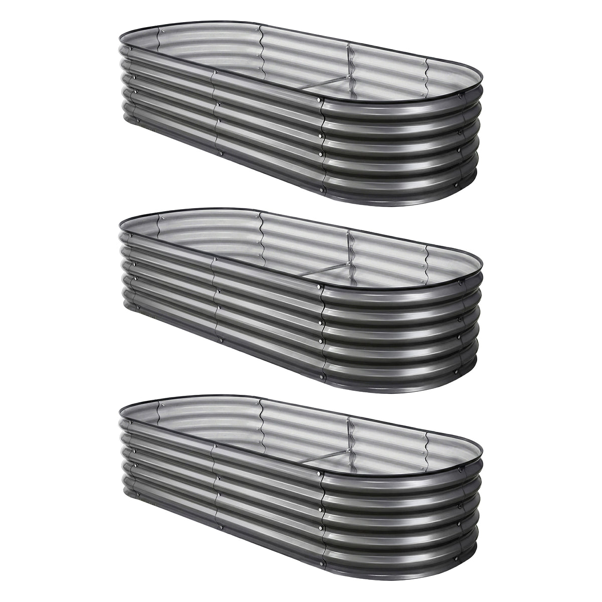 Green Fingers 3 Pcs Raised Garden Bed Kit Oval Galvanized Steel Planter Boxes 160x80x42cm, Heavy Duty Metal Elevated Garden Bed for Vegetables Flowers Herbs, with Safety Edging, Gloves & Pegs Included
