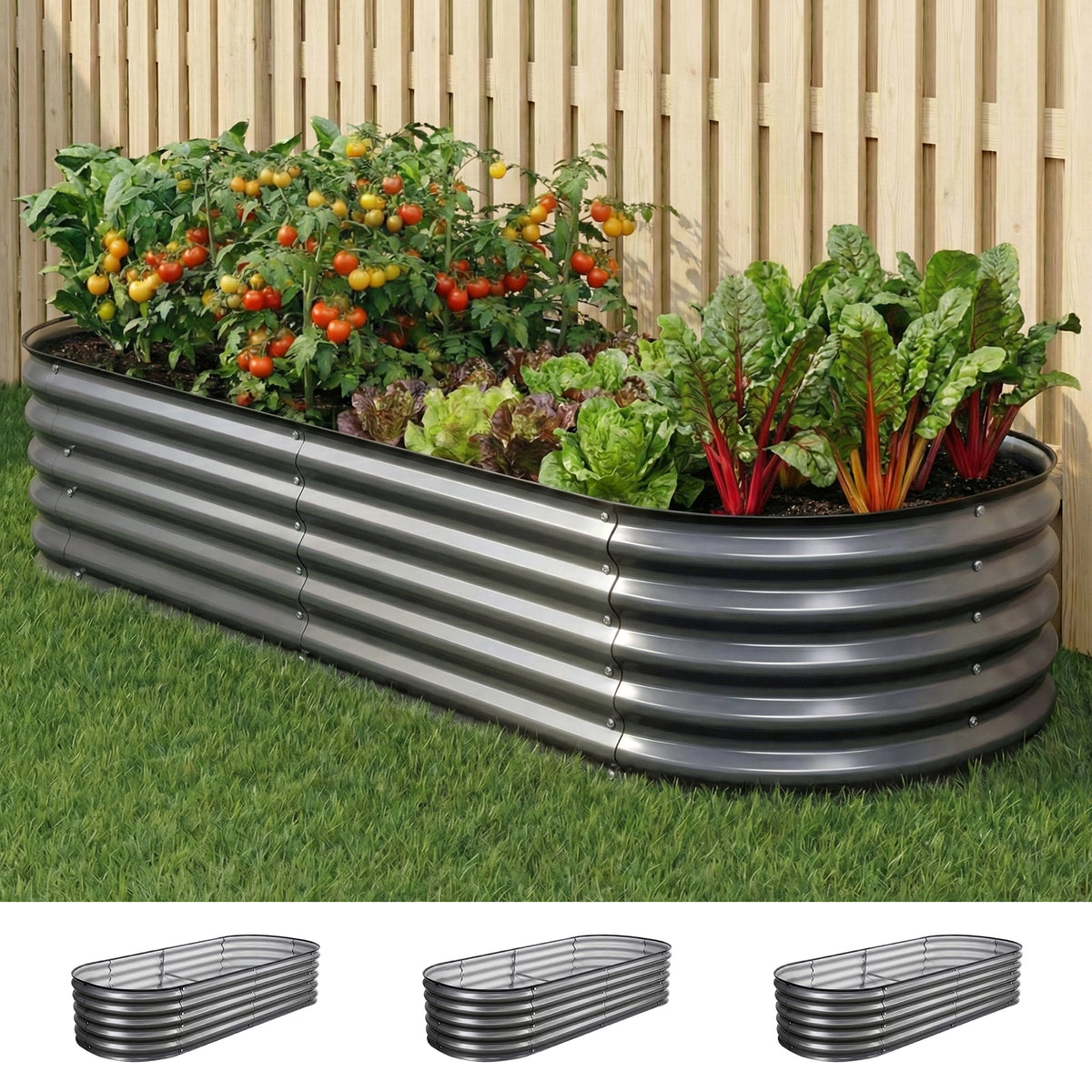 Green Fingers 3 Pcs Raised Garden Bed Kit Oval Galvanized Steel Planter Boxes 160x80x42cm, Heavy Duty Metal Elevated Garden Bed for Vegetables Flowers Herbs, with Safety Edging, Gloves &amp; Pegs Included