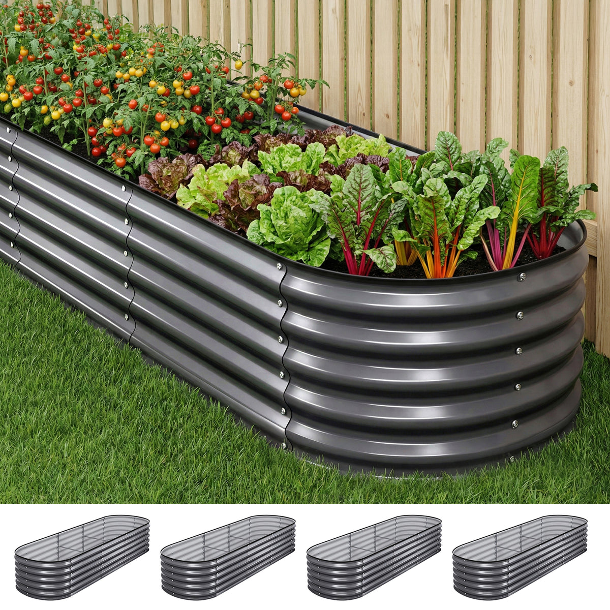 Green Fingers 4 Pcs Raised Garden Bed Kit Oval Galvanized Steel Planter Boxes 240x80x42cm, Heavy Duty Metal Elevated Garden Bed for Vegetables Flowers Herbs, with Safety Edging, Gloves &amp; Pegs Included