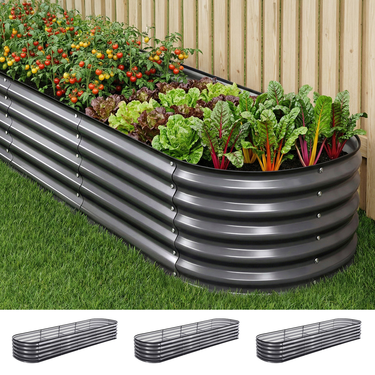 Green Fingers 3 Pcs Raised Garden Bed Kit Oval Galvanized Steel Planter Boxes 320x80x42cm, Heavy Duty Metal Elevated Garden Bed for Vegetables Flowers Herbs, with Safety Edging, Gloves &amp; Pegs Included