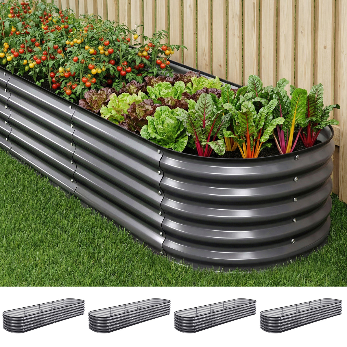 Green Fingers 4 Pcs Raised Garden Bed Kit Oval Galvanized Steel Planter Boxes 320x80x42cm, Heavy Duty Metal Elevated Garden Bed for Vegetables Flowers Herbs, with Safety Edging, Gloves &amp; Pegs Included