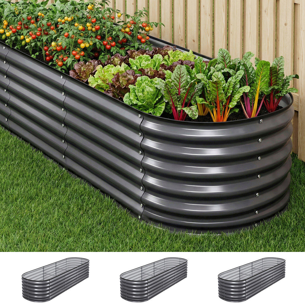 Green Fingers 3 Pcs Raised Garden Bed Kit Oval Galvanized Steel Planter Boxes 240x80x56cm, Heavy Duty Metal Elevated Garden Bed for Vegetables Flowers Herbs, with Safety Edging, Gloves &amp; Pegs Included