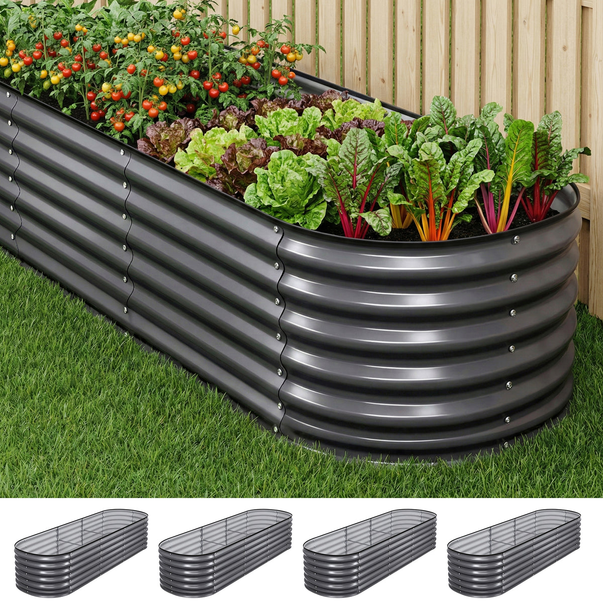 Green Fingers 4 Pcs Raised Garden Bed Kit Oval Galvanized Steel Planter Boxes 240x80x56cm, Heavy Duty Metal Elevated Garden Bed for Vegetables Flowers Herbs, with Safety Edging, Gloves &amp; Pegs Included