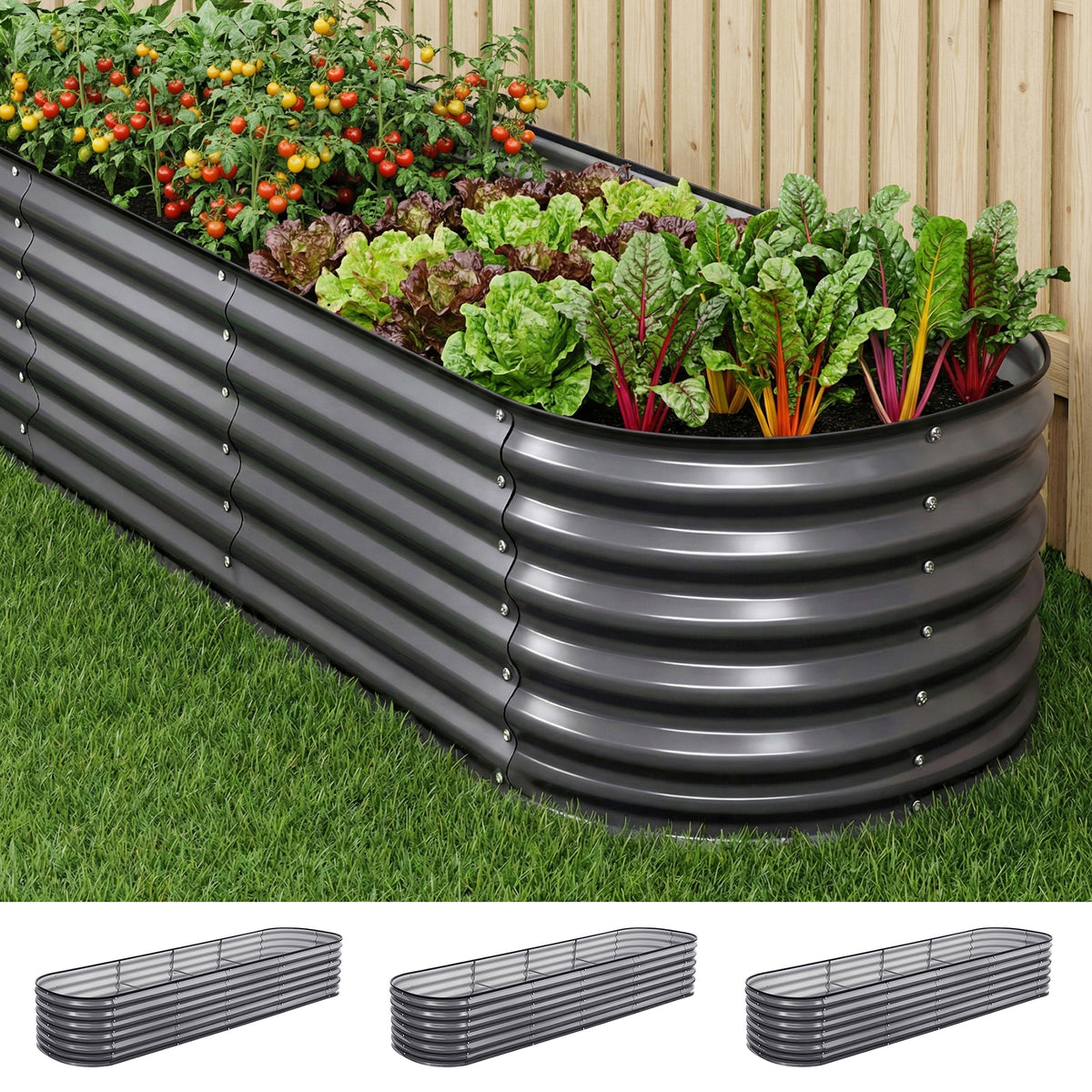Green Fingers 3 Pcs Raised Garden Bed Kit Oval Galvanized Steel Planter Boxes 320x80x56cm, Heavy Duty Metal Elevated Garden Bed for Vegetables Flowers Herbs, with Safety Edging, Gloves &amp; Pegs Included