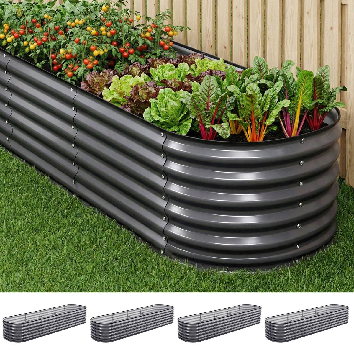 Green Fingers 4 Pcs Raised Garden Bed Kit Oval Galvanized Steel Planter Boxes 320x80x56cm, Heavy Duty Metal Elevated Garden Bed for Vegetables Flowers Herbs, with Safety Edging, Gloves &amp; Pegs Included