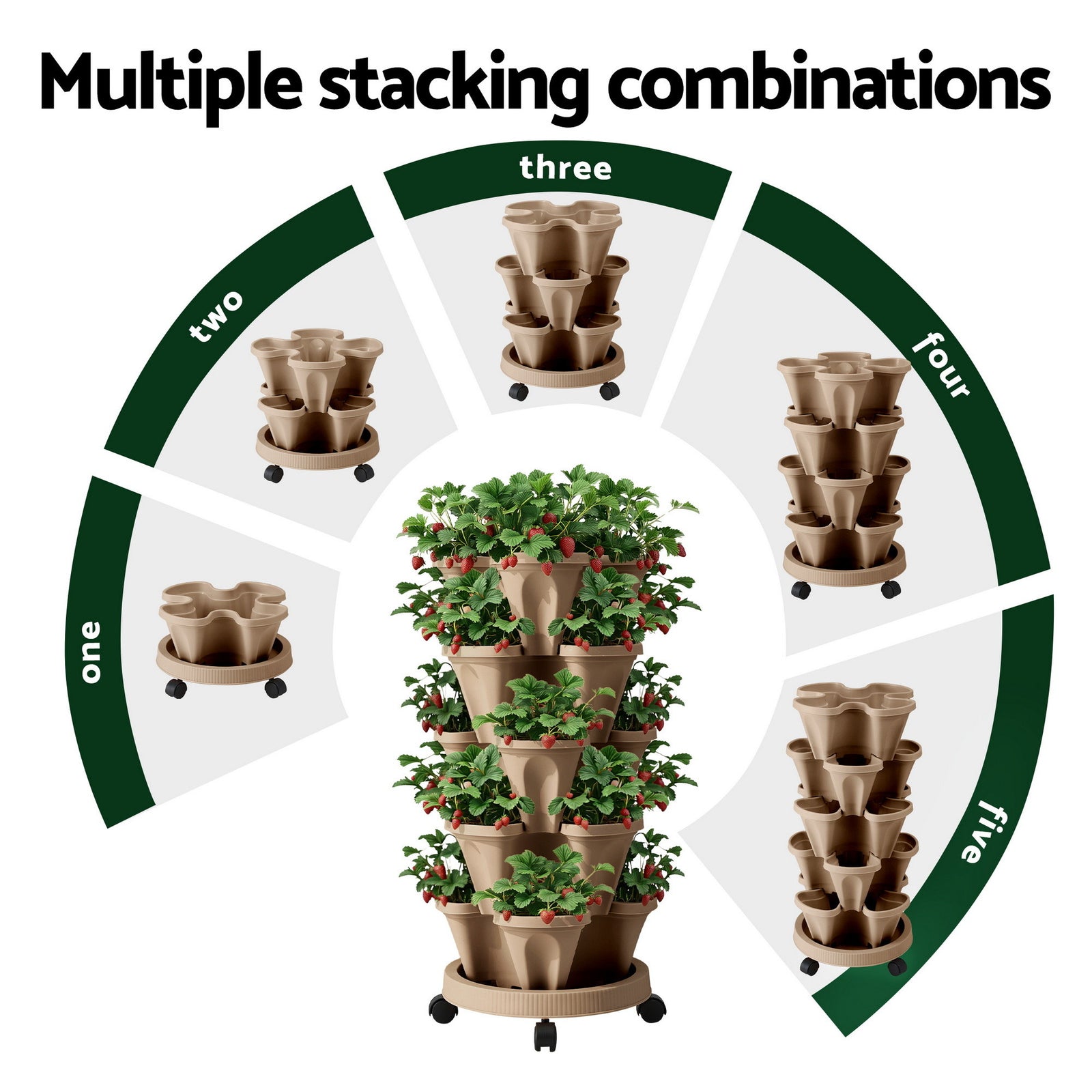 Green Fingers Garden Bed 5 Tier Vertical Garden Grey Strawberry Stackable Planters Herb Petunias Tan