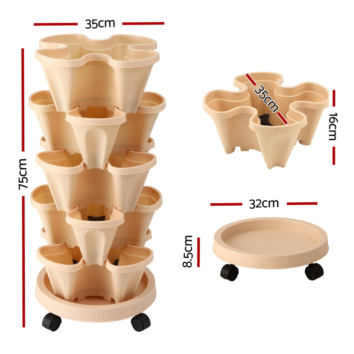 Green Fingers Garden Bed 5 Tier Vertical Garden Grey Strawberry Stackable Planters Herbs Beige