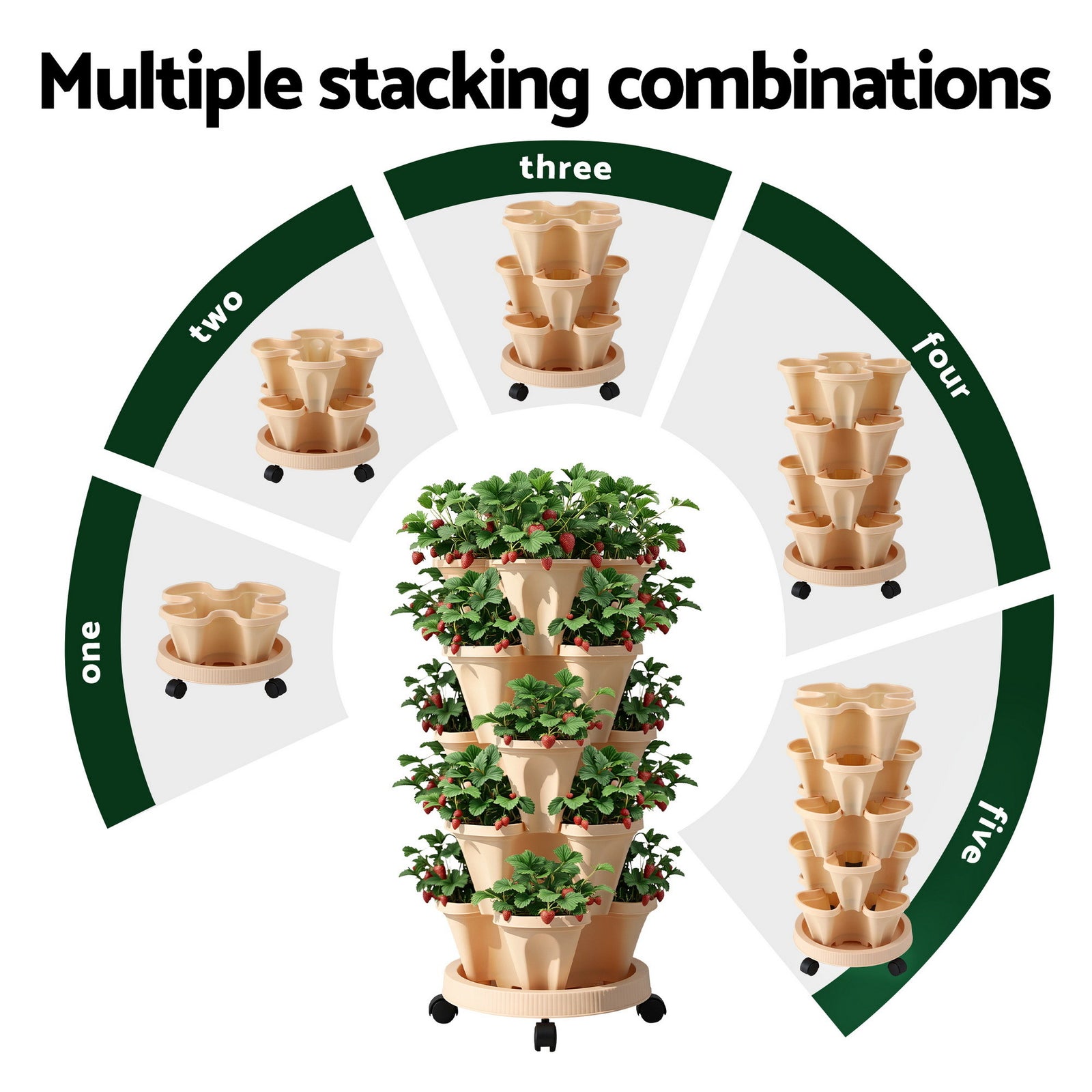 Green Fingers Garden Bed 5 Tier Vertical Garden Grey Strawberry Stackable Planters Herbs Beige