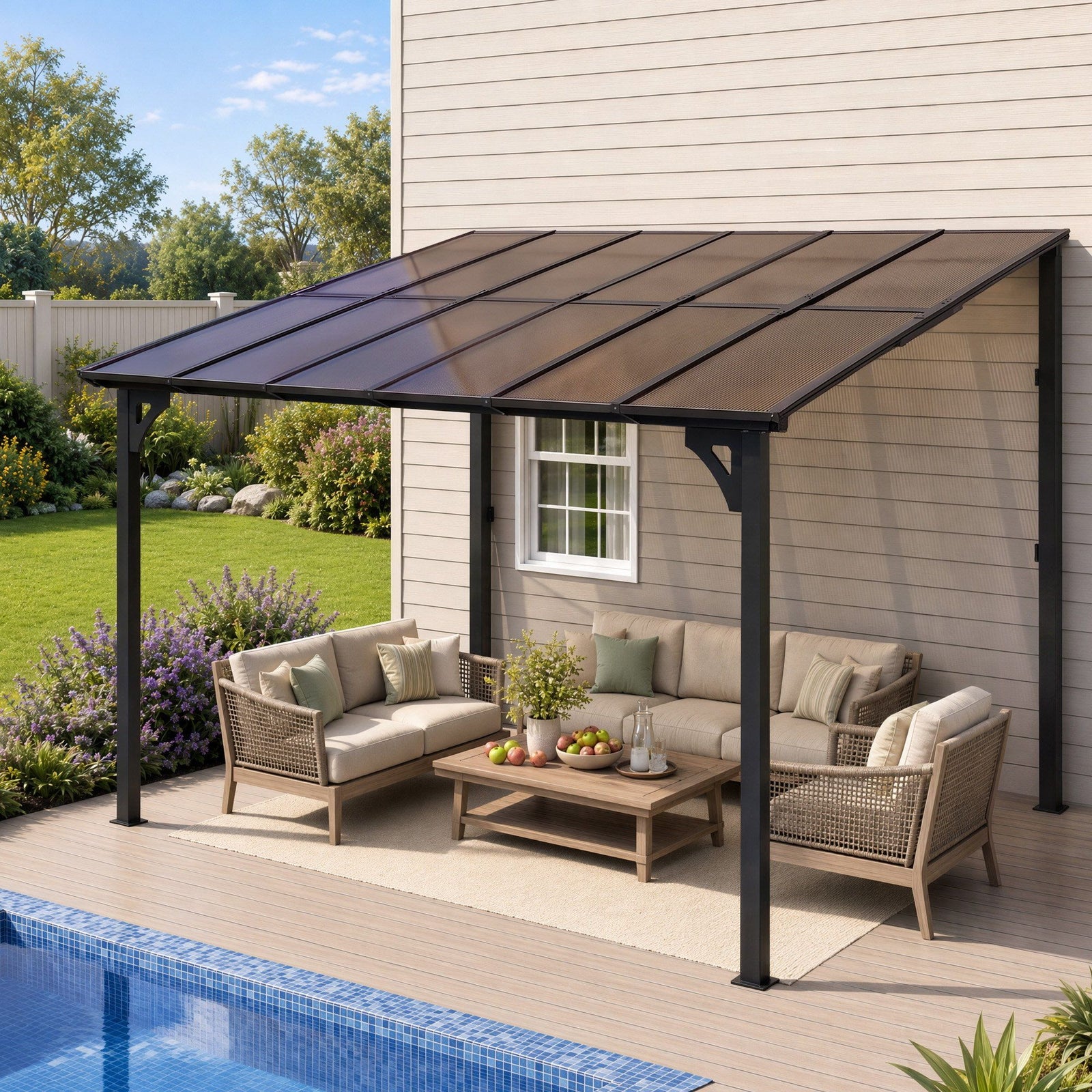Instahut Gazebo Lean-To Pergola Garden Patio Polycarbonate 356cm X 275cm Brown