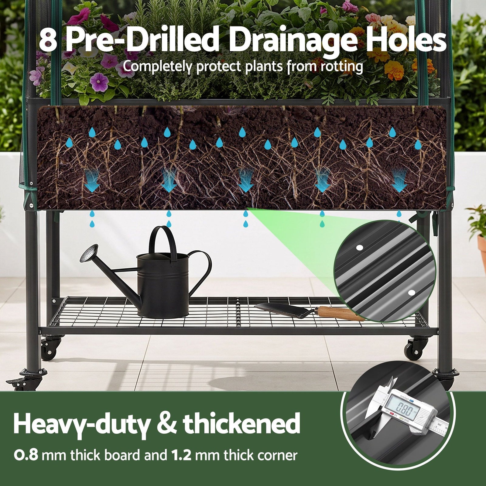 Green Fingers Mobile Raised Garden Bed with Net Cover Storage Shelf for Tomato Vegetables Herb Charcoal