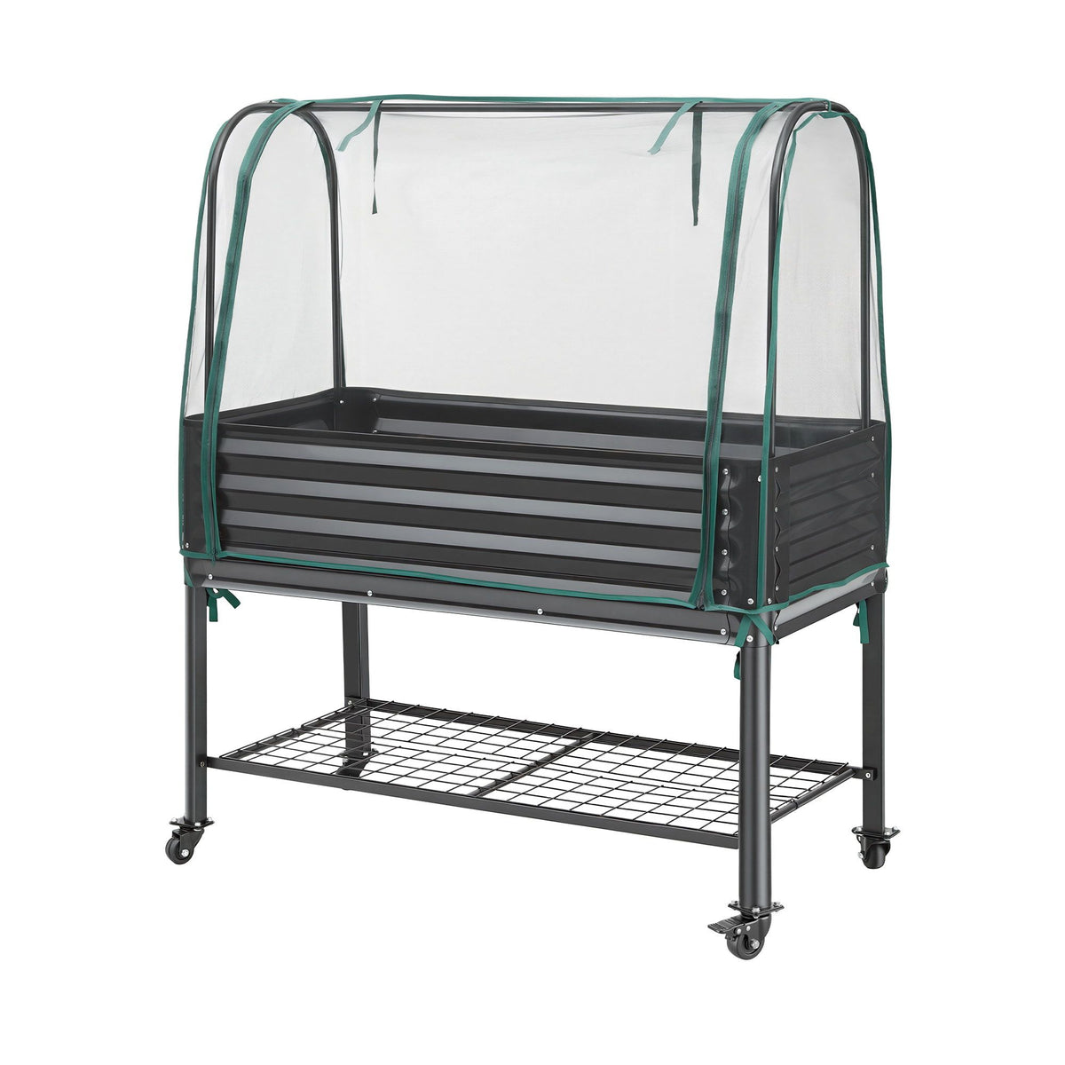 Green Fingers Mobile Raised Garden Bed with Net Cover Storage Shelf for Tomato Vegetables Herb Charcoal