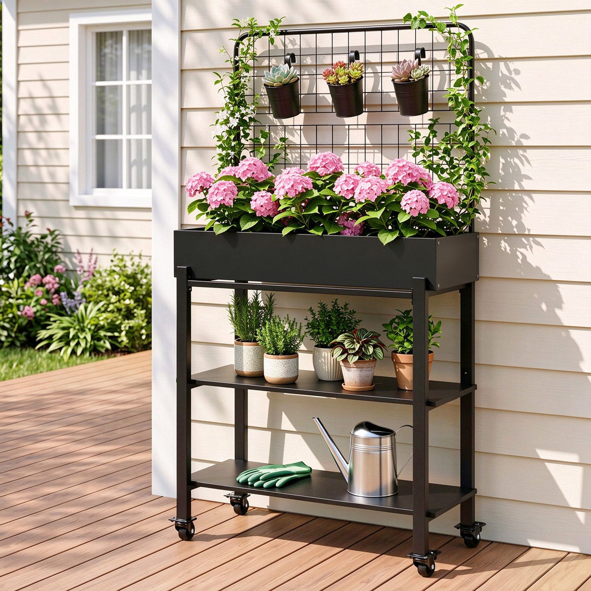 Green Fingers Mobile Raised Garden Bed with Trellis &amp; Shelves Dark Grey