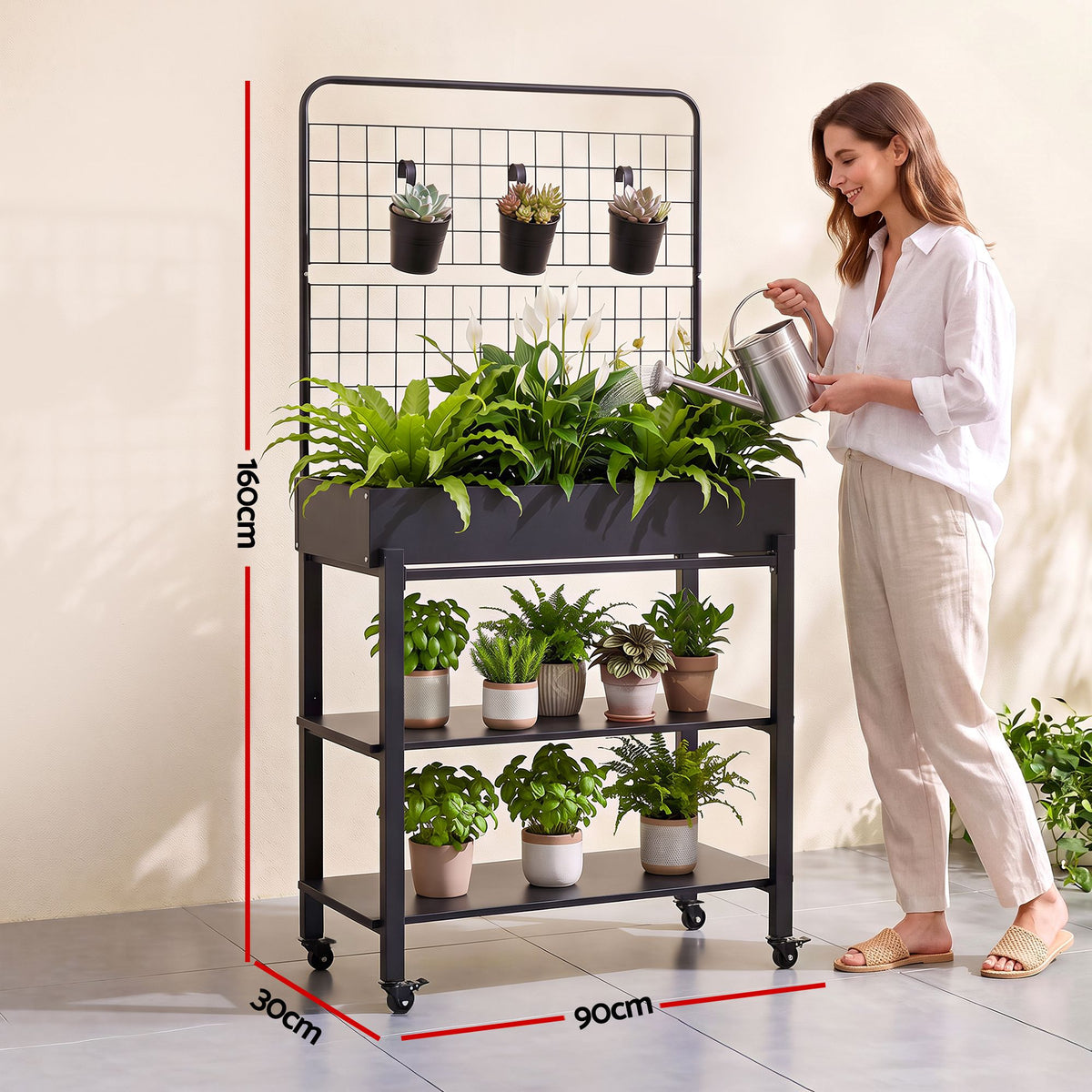 Green Fingers Mobile Raised Garden Bed with Trellis & Shelves Dark Grey