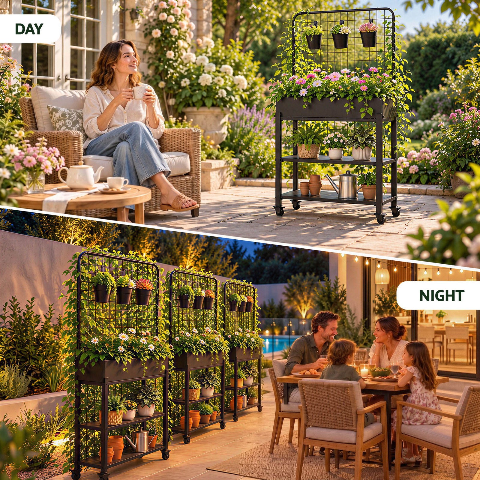 Green Fingers Mobile Raised Garden Bed with Trellis & Shelves Dark Grey