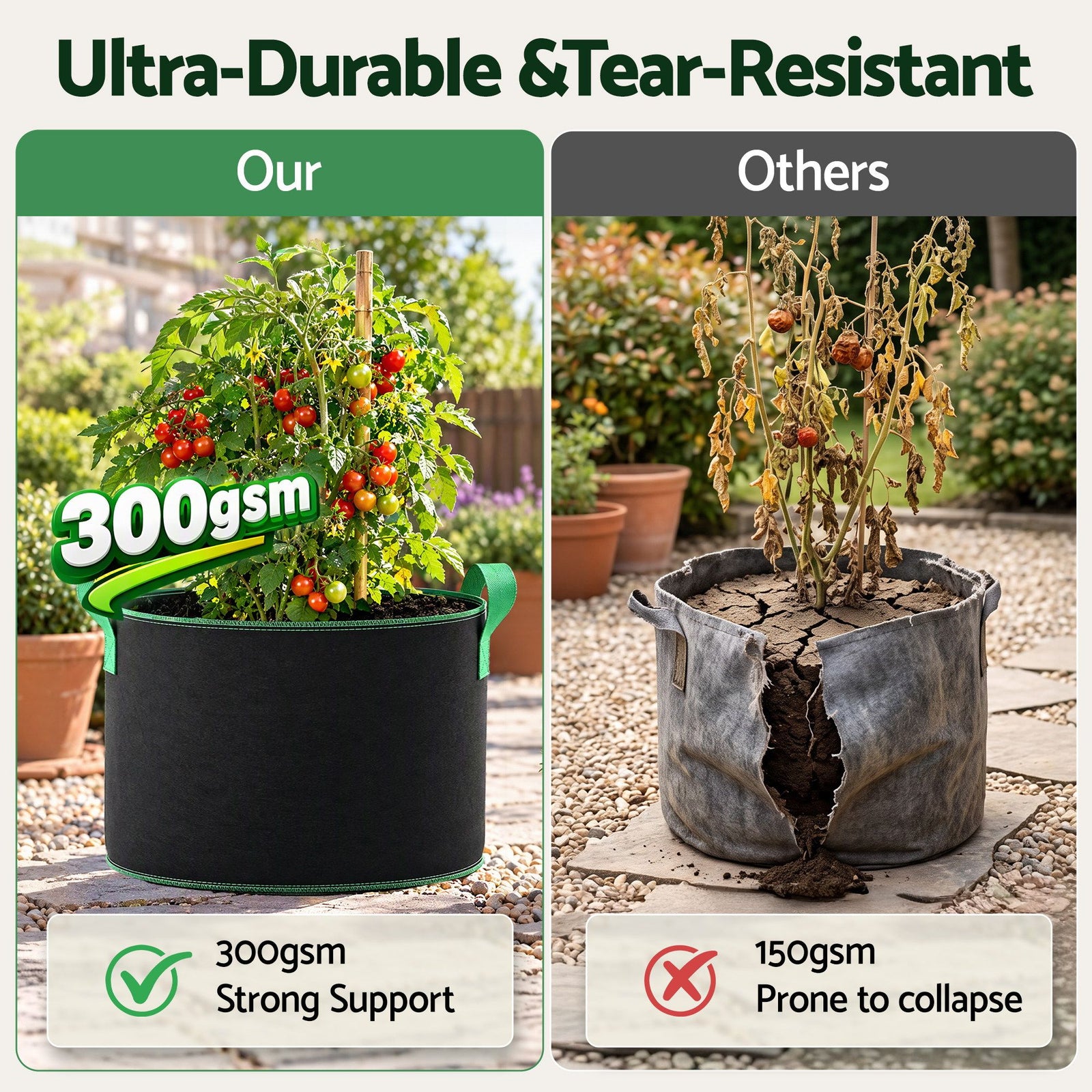 Green Fingers 20 Gallon Grow Bags 300gsm thick Aeration Fabric Pots 10 Pack