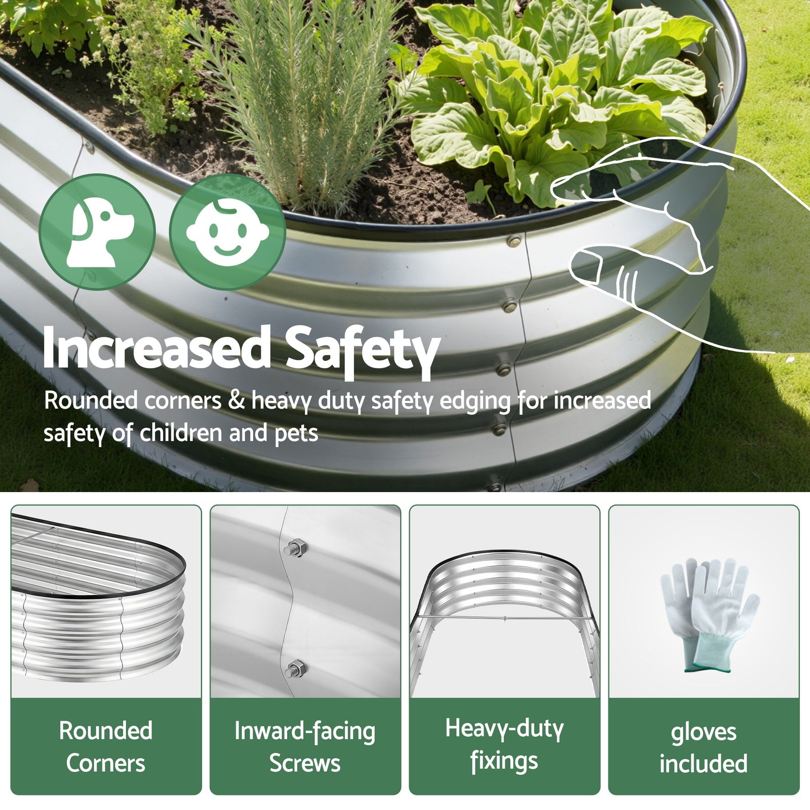 Green Fingers Raised Garden Bed Galvanised Oval Metal Planter Box Large Outdoor 150x70x30cm Silver