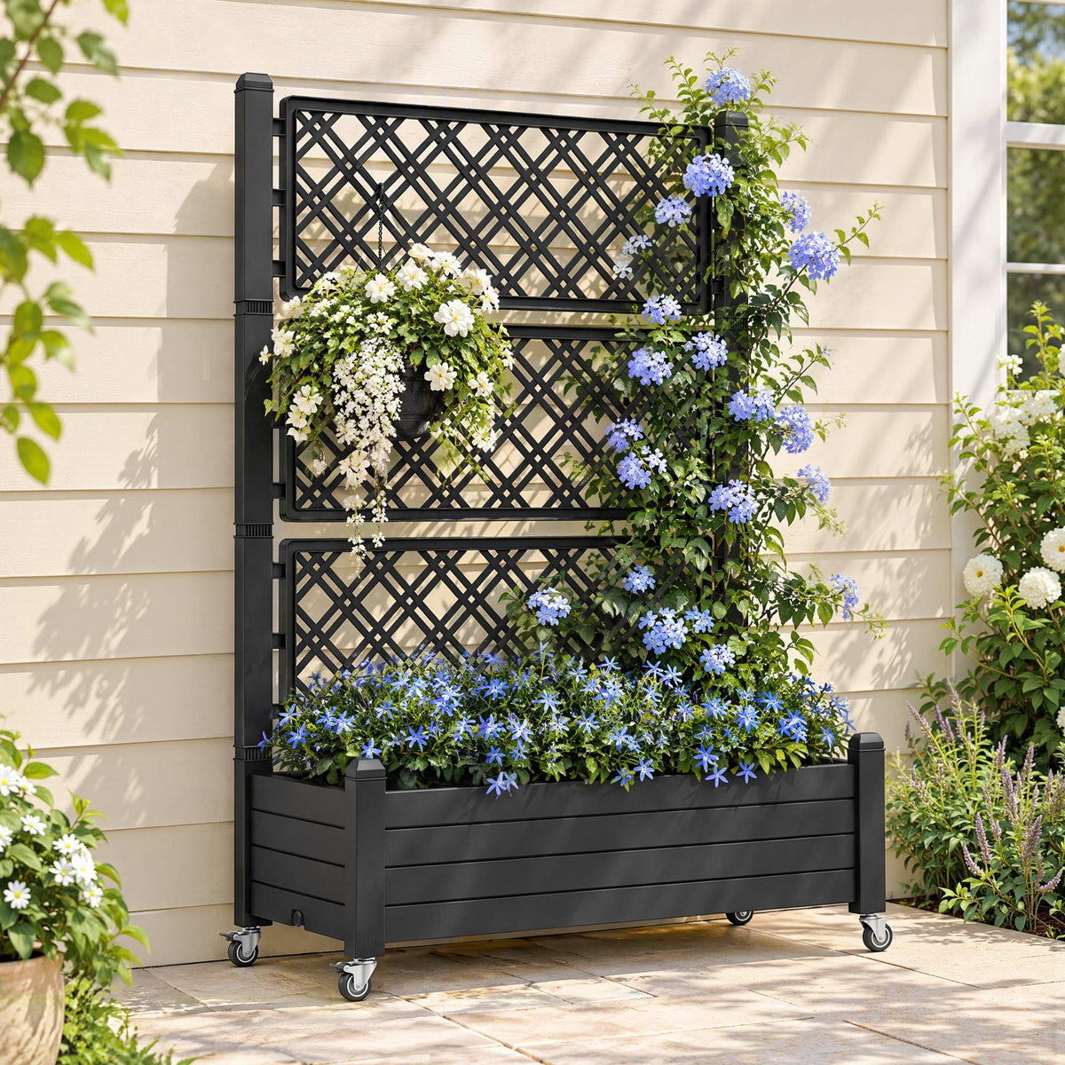 Green Fingers Mobile Planter Box with Trellis, Self Watering Garden Bed &amp; Privacy Screen for Climbing Plants Flowers, Black