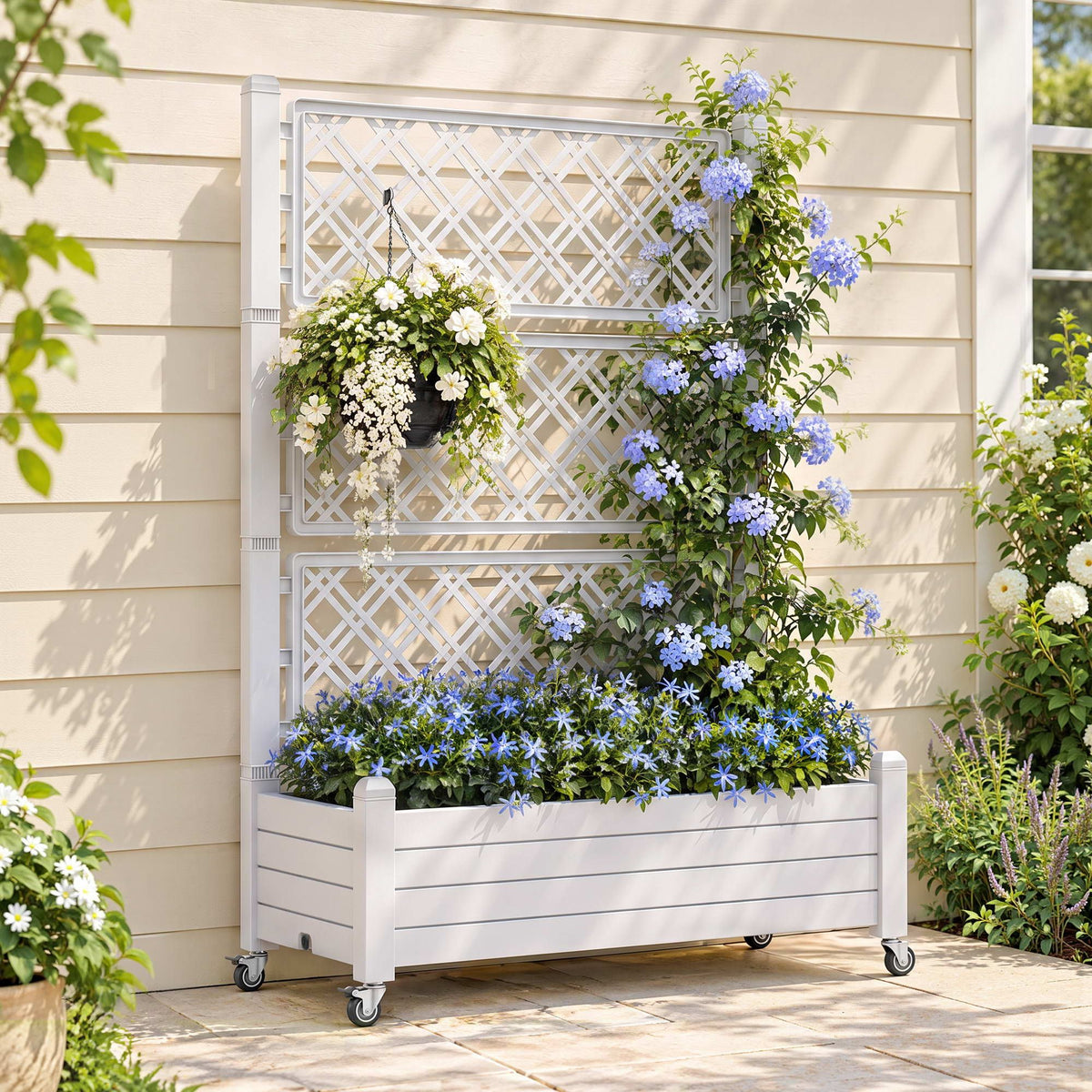 Green Fingers Mobile Planter Box with Trellis, Self Watering Garden Bed &amp; Privacy Screen for Climbing Plants Flowers, White