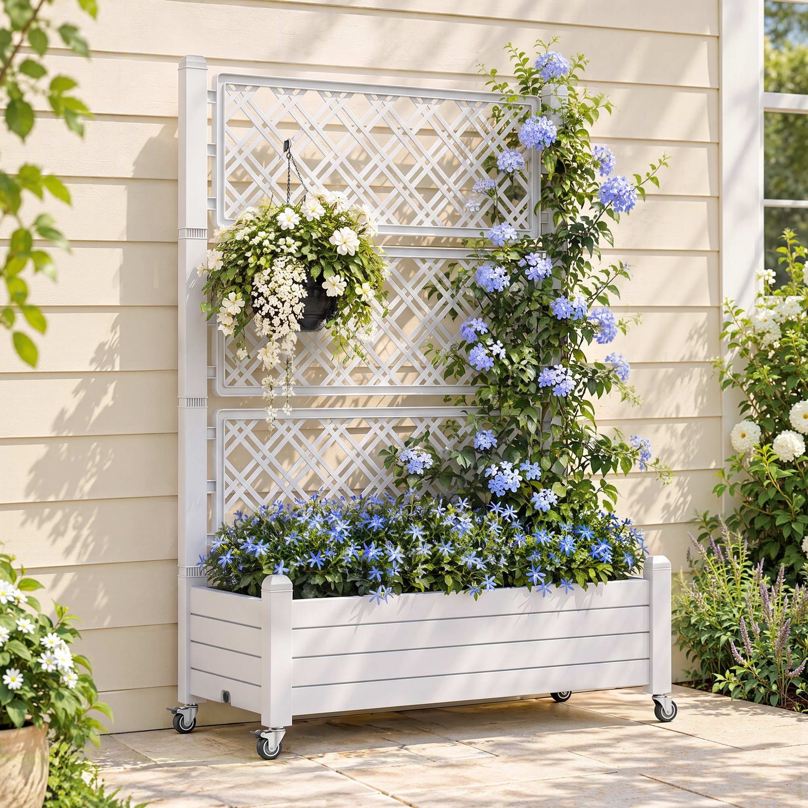 Green Fingers Mobile Planter Box with Trellis, Self Watering Garden Bed & Privacy Screen for Climbing Plants Flowers, White