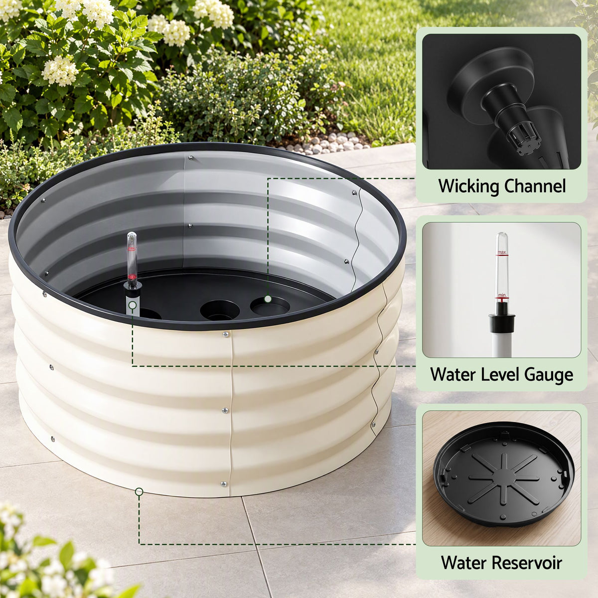 Green Fingers Self Watering Round Garden Bed Galvanised for Balcony Deck 60x60x30cm