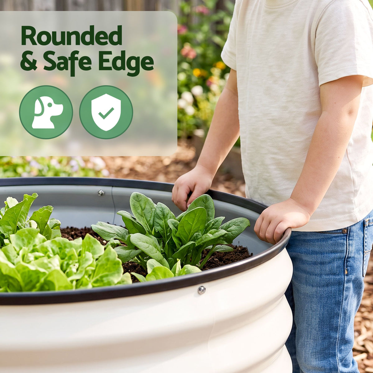 Green Fingers Self Watering Round Garden Bed Galvanised for Balcony Deck 60x60x30cm