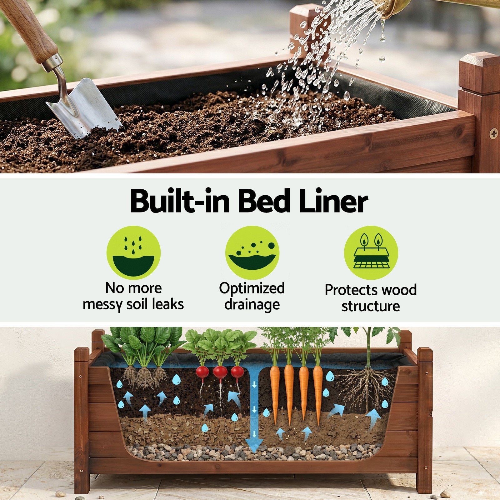 Green Fingers Garden Bed Wooden Planter Box Raised Container Growing 90x30x33cm Brown