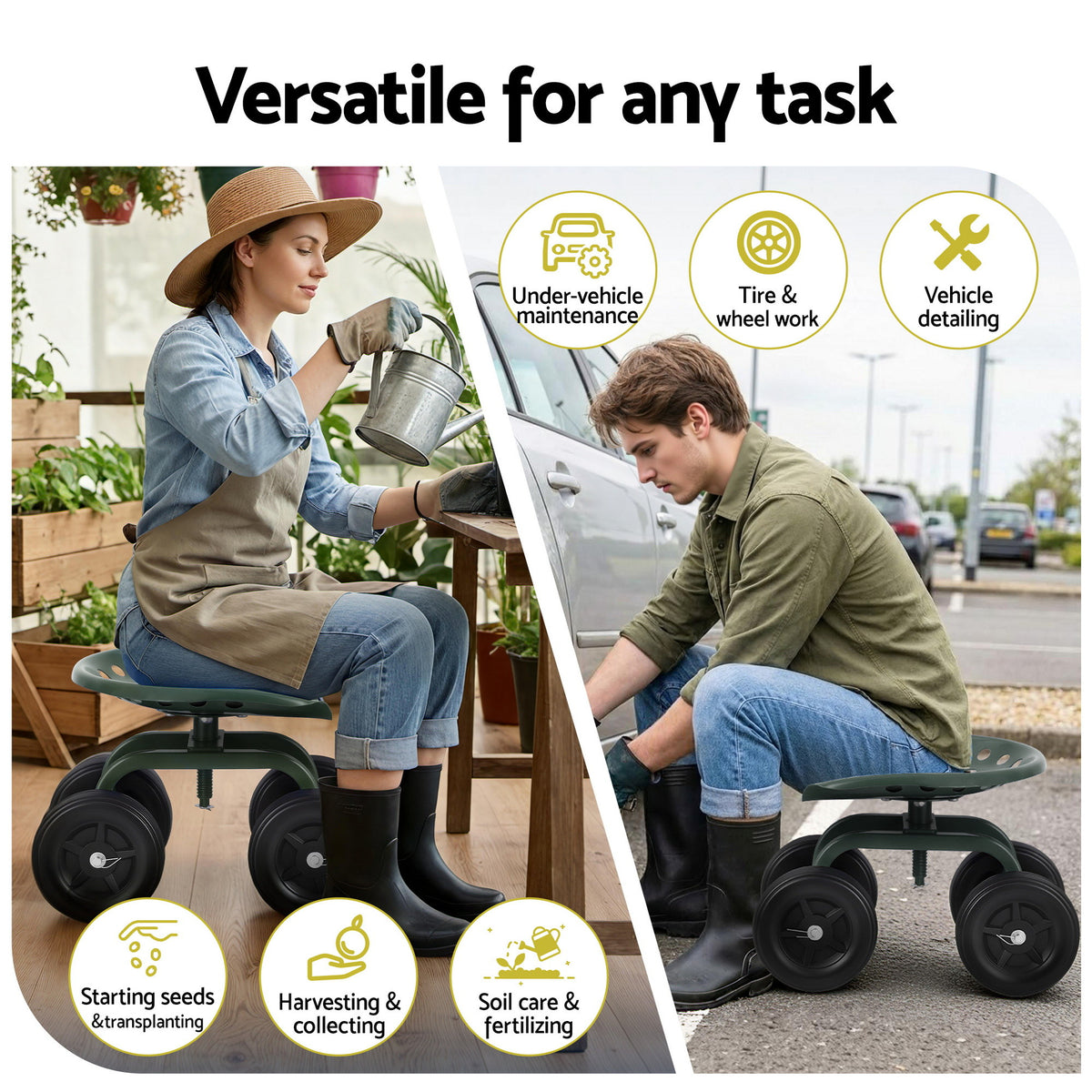 Gardeon Garden Seat 360 Swivel Rolling Adjustable Height Work Scooter Cart Wheels Heavy Duty 150kg