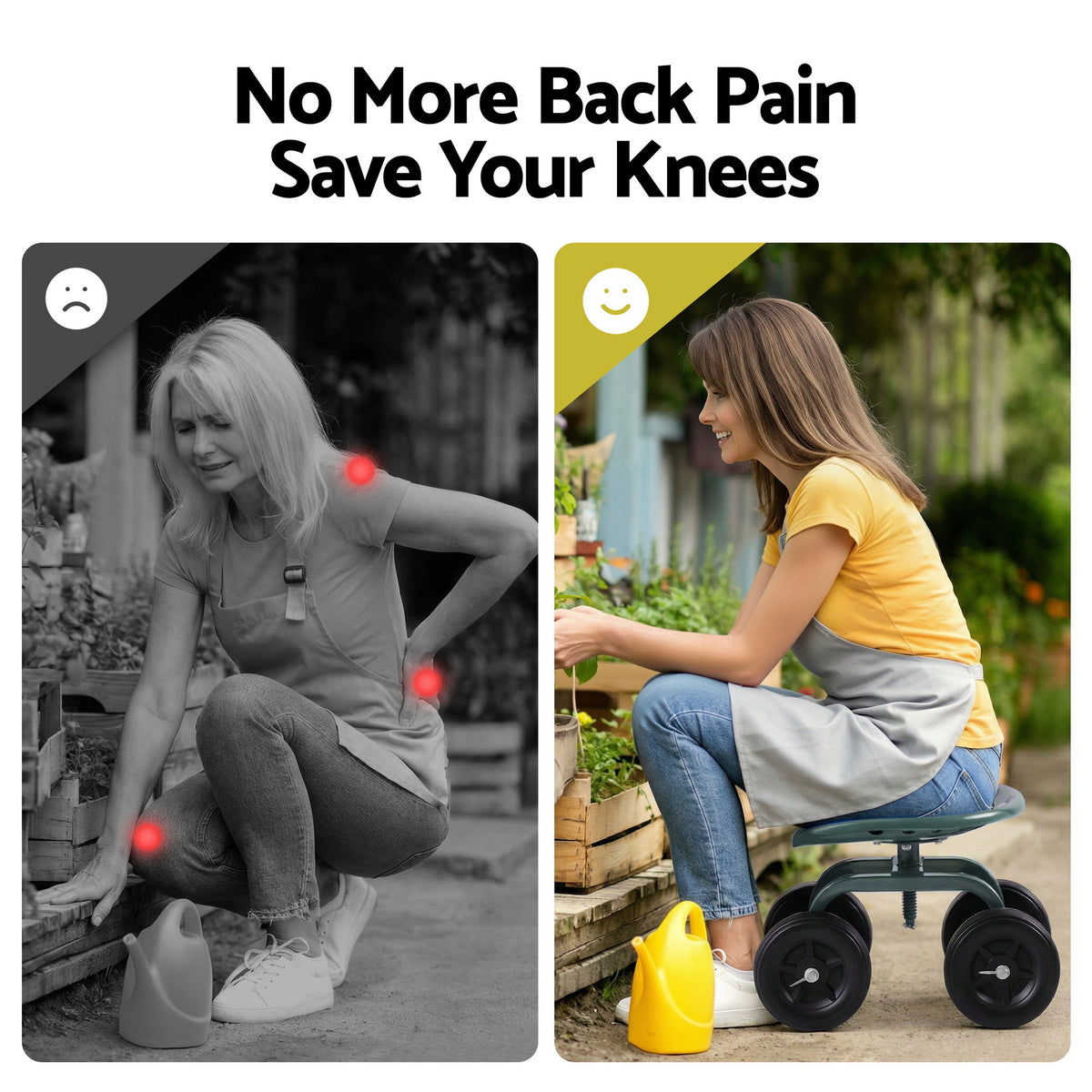 Gardeon Garden Seat 360 Swivel Rolling Adjustable Height Work Scooter Cart Wheels Heavy Duty 150kg