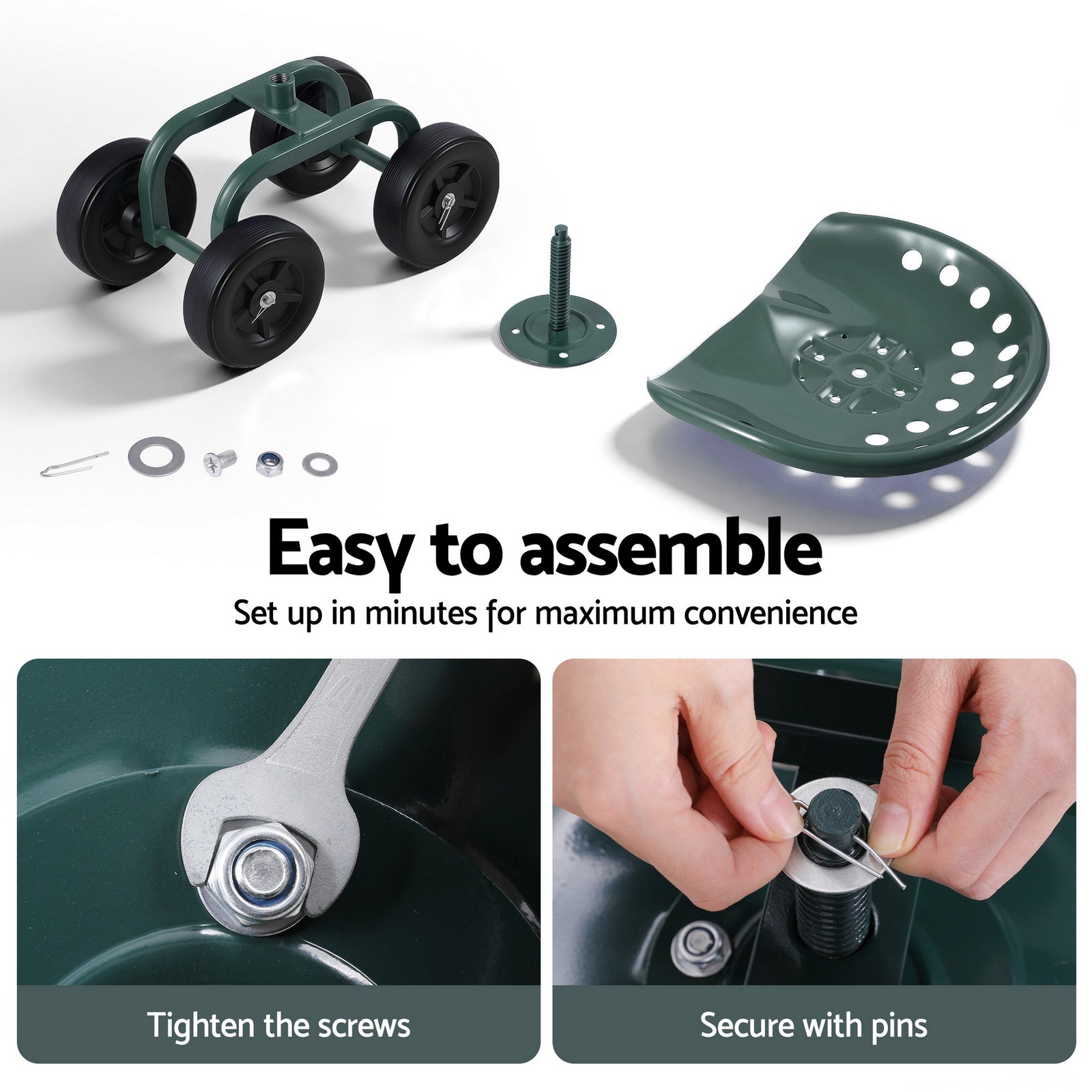 Gardeon Garden Seat 360 Swivel Rolling Adjustable Height Work Scooter Cart Wheels Heavy Duty 150kg