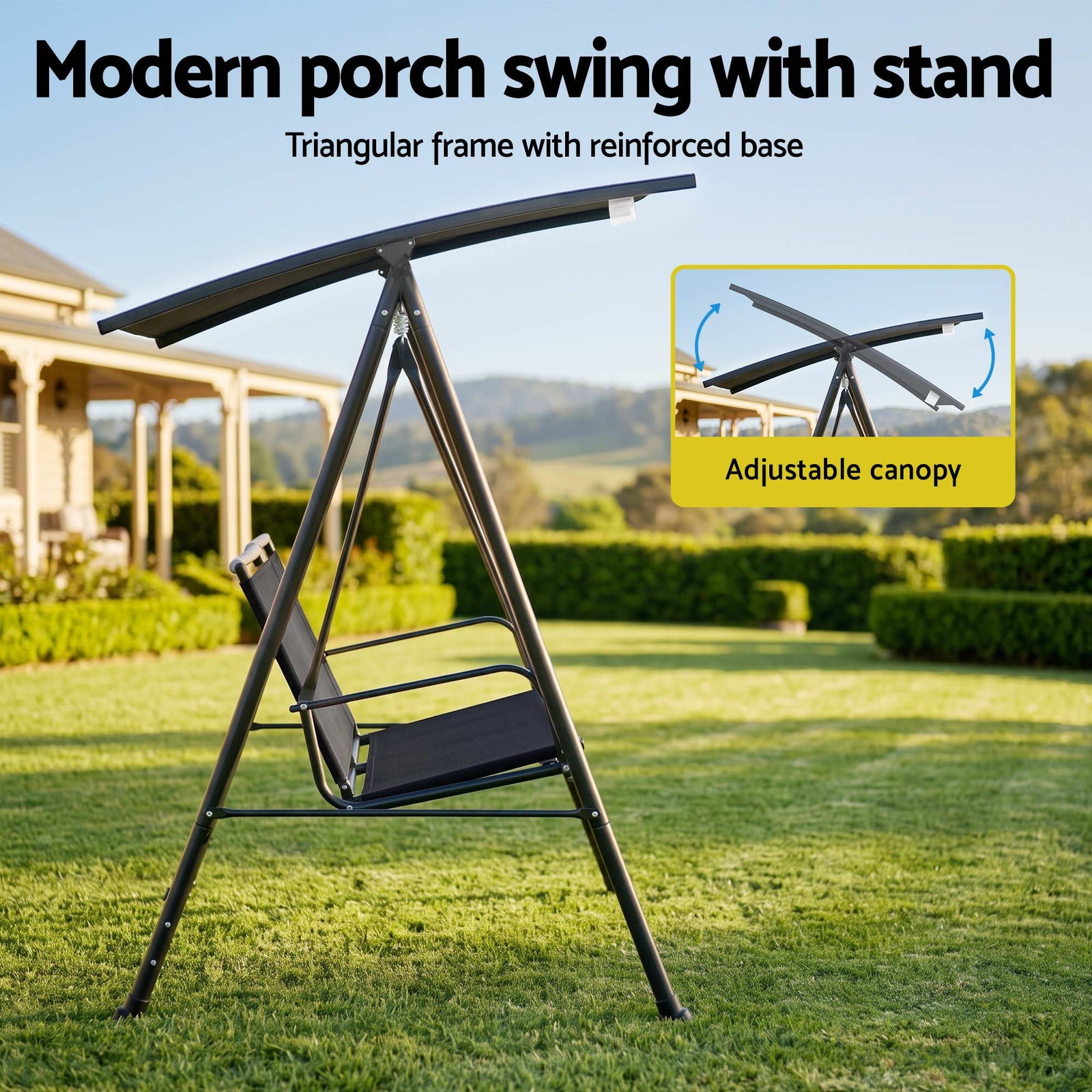 Gardeon Outdoor Swing Chair with Adjustable Canopy 142cmx172cm Stand Black