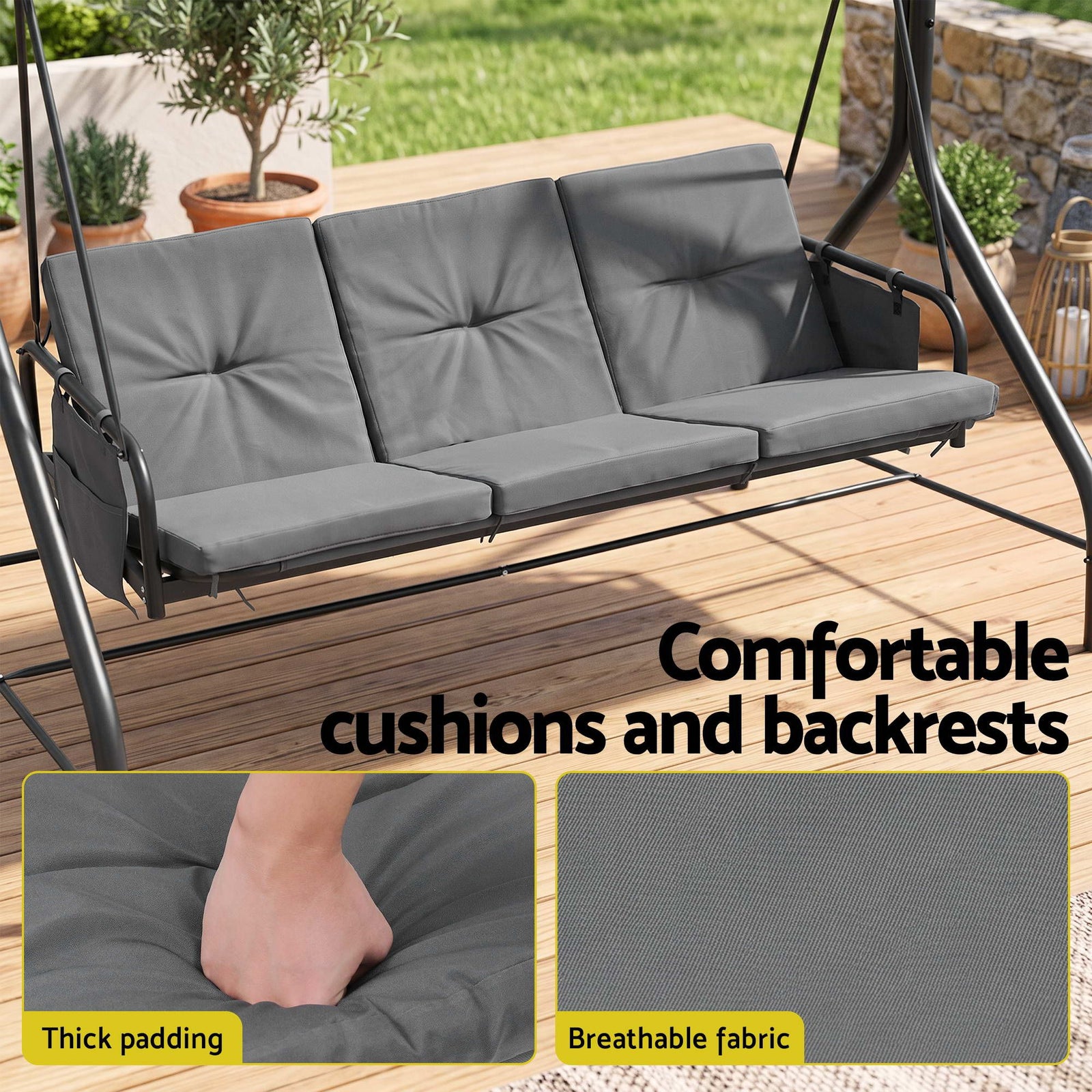 Gardeon Outdoor Swing Chair with Canopy Convertible Hanging Bed Grey