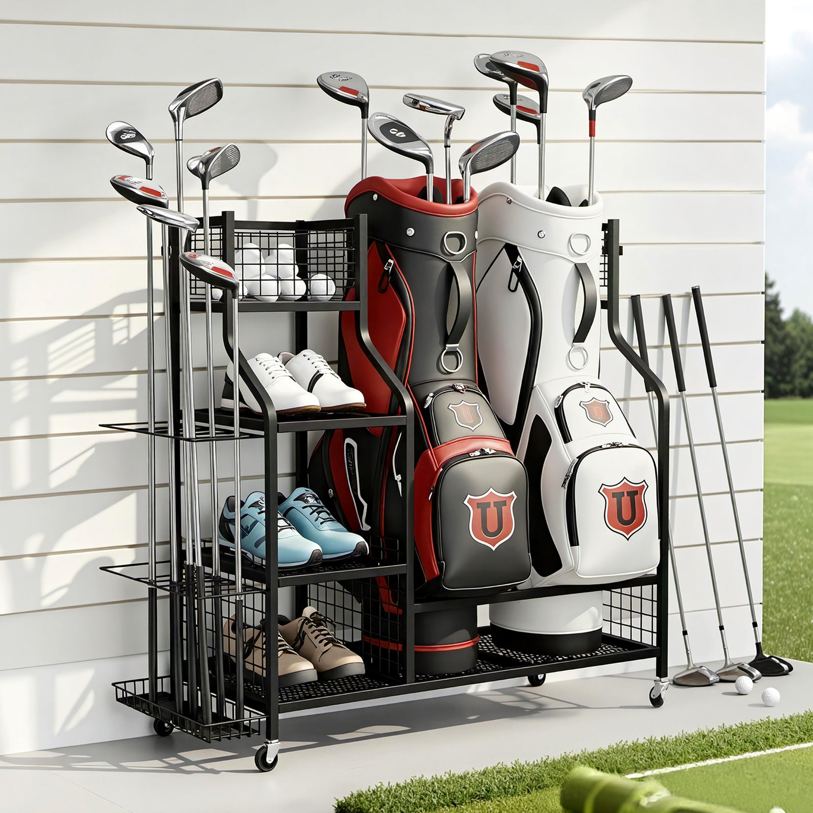 Everfit Golf Bag Storage Golf Storage Garage Organizer with Wheels Black