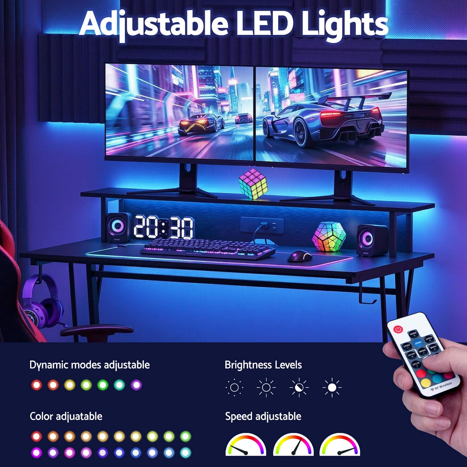 Artiss Gaming Desk with LED Lights Computer Desk Table with Monitor Shelf Power 120cm