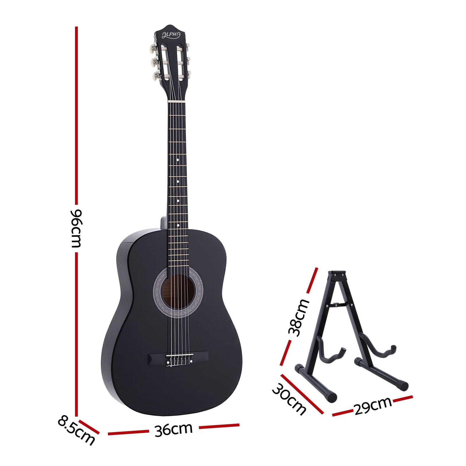 Alpha 38 Inch Classical Acoustic Guitar with Folding Stand Capo and String Set Black