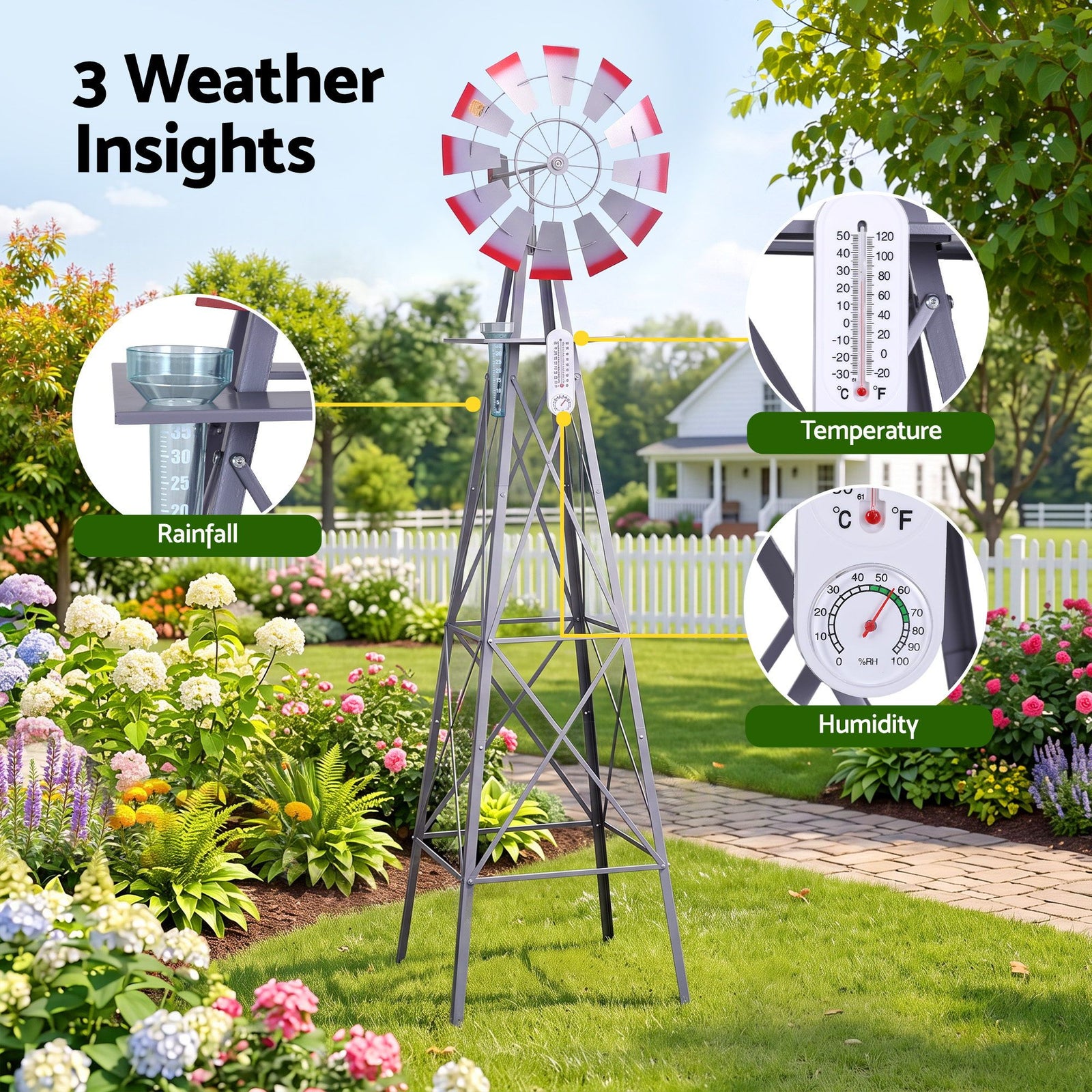 Gardeon Garden Windmill Metal Weather Station with Rain Gauge 243cm Silver