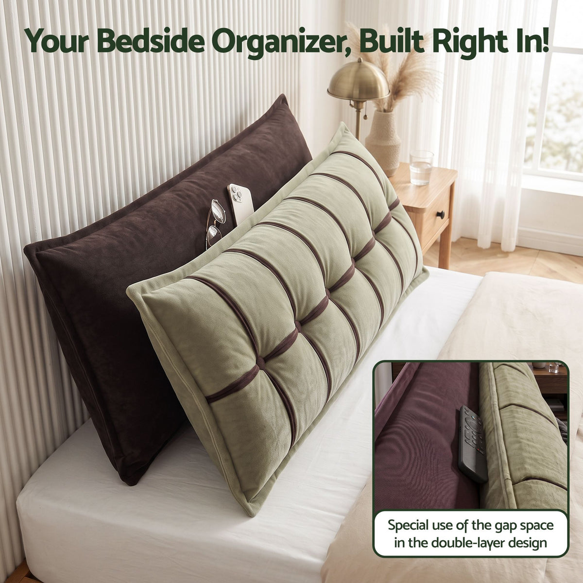 Giselle Bedding Headboard Pillow with Double-Layer Storage Wedge Reading Backrest with Adjustable Filling, Chenille Bed Rest Cushion for Daybed, Dorm, and RV King
