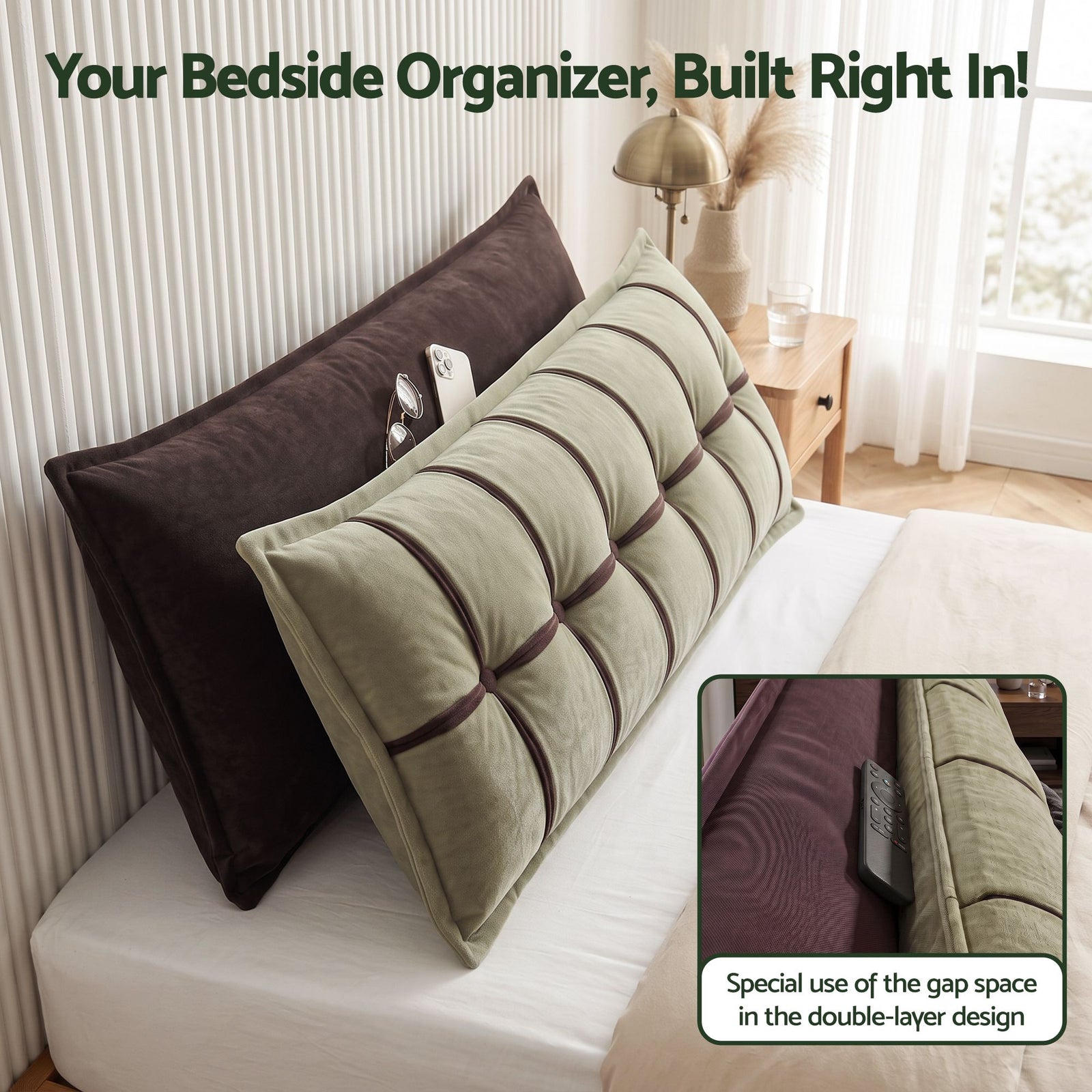 Giselle Bedding Headboard Pillow with Double-Layer Storage Wedge Reading Backrest with Adjustable Filling, Chenille Bed Rest Cushion for Daybed, Dorm, and RV King