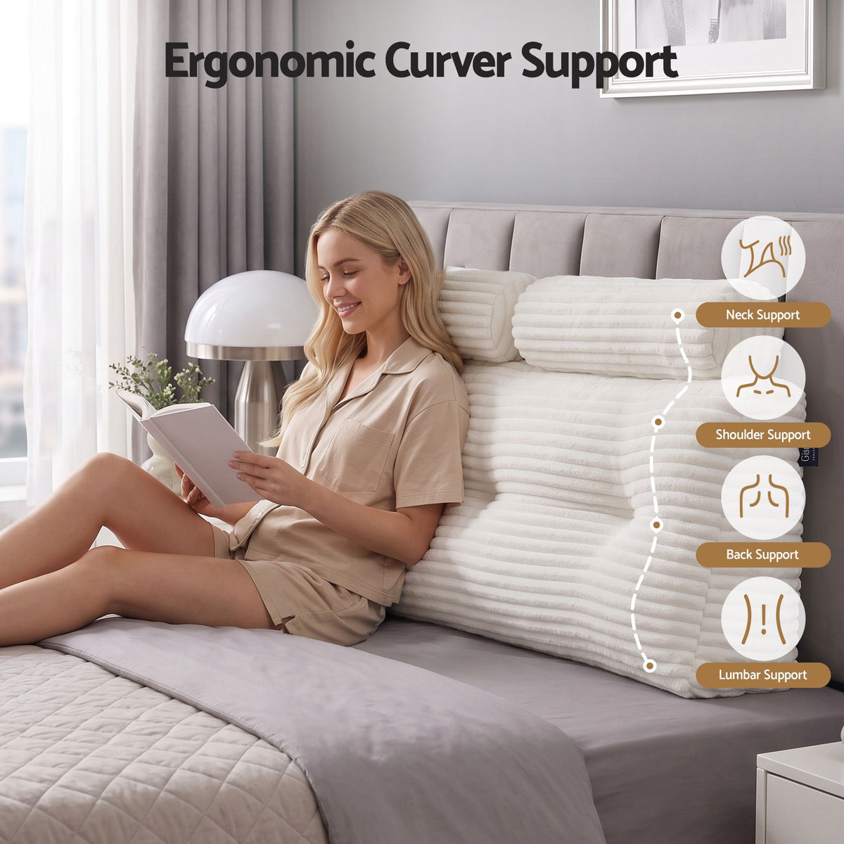 Giselle wedge pillow headboard with non-flattening shredded foam core, perfect for dorm reading or sofa lap desk, 330g corduroy cover, side pockets, Queen