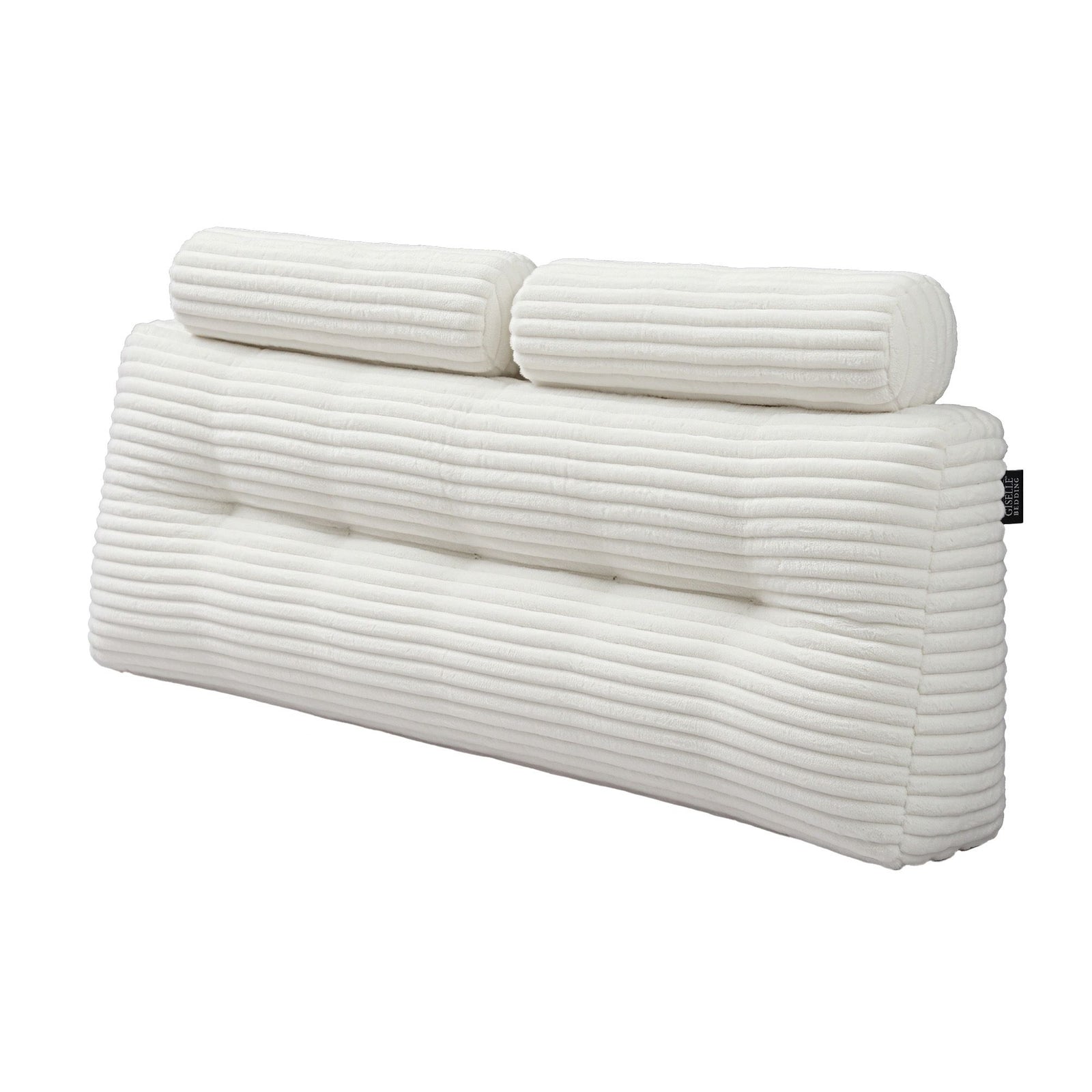 Giselle wedge pillow headboard with non-flattening shredded foam core, perfect for dorm reading or sofa lap desk, 330g corduroy cover, side pockets, Queen