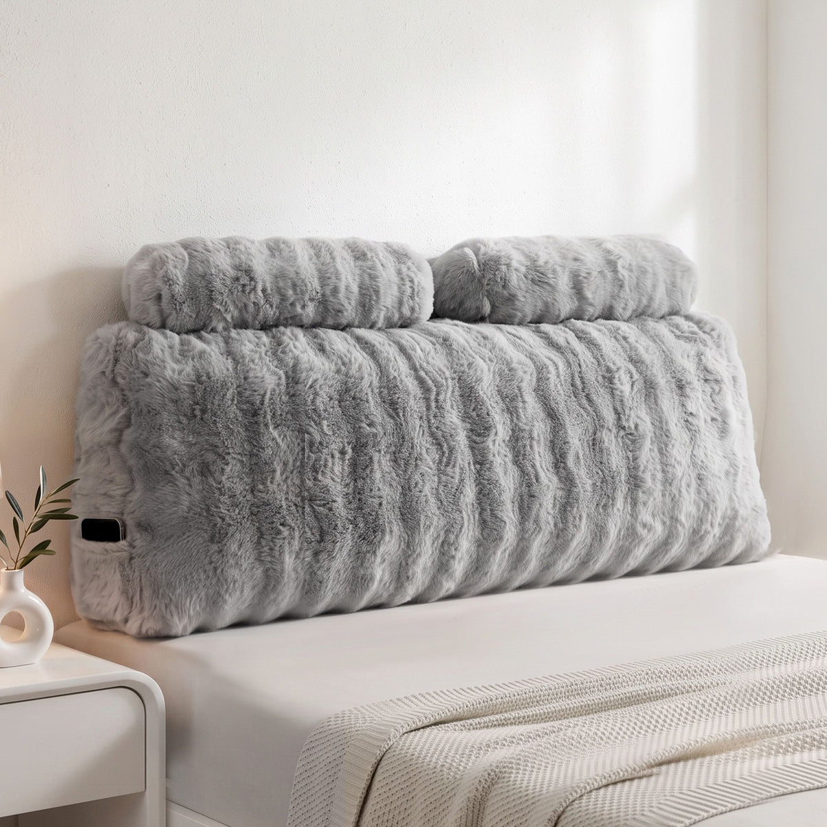 Giselle Wedge Pillow Headboard, Easy Wash Zipper Cover &amp; Anti-Flat Foam, Couch Lumbar Support for Dorm Readers, 340g Faux Rabbit Fur with Dual Pockets, Double